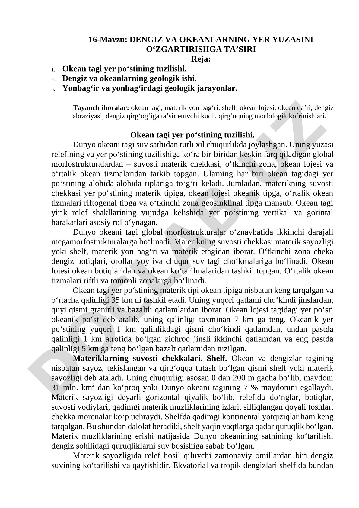 Dengiz va okeanlarning yer yuzasini o'zgartirishga ta'siri