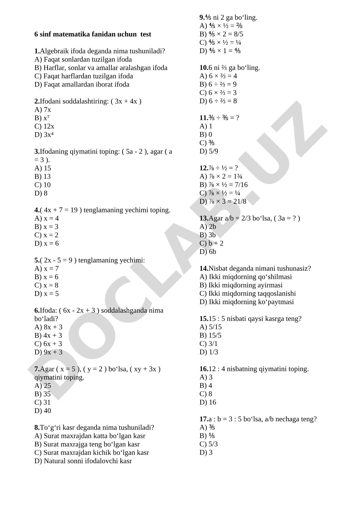 6-sinf matematika fanidan algebraik ifodalar va kasrlar testi