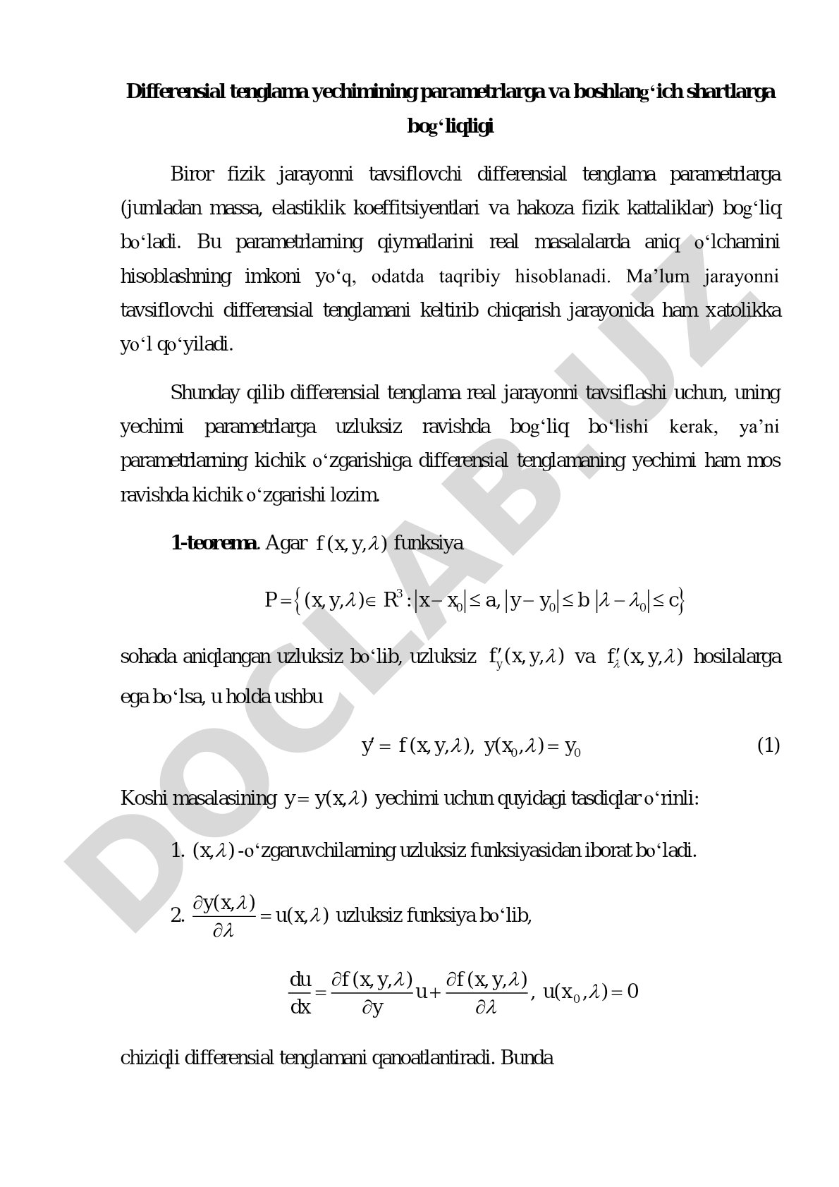 Differensial tenglama yechimining parametrlarga va boshlang'ich shartlarga bog'liqligi