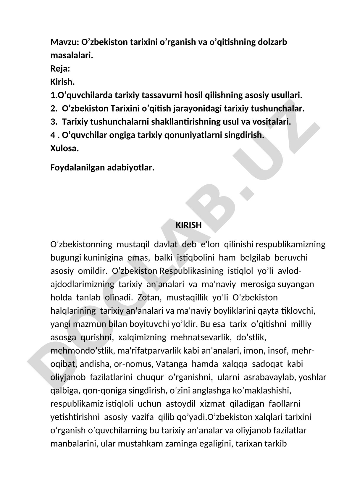 O’zbekiston tarixini o’rganish va o’qitishning dolzarb masalalari