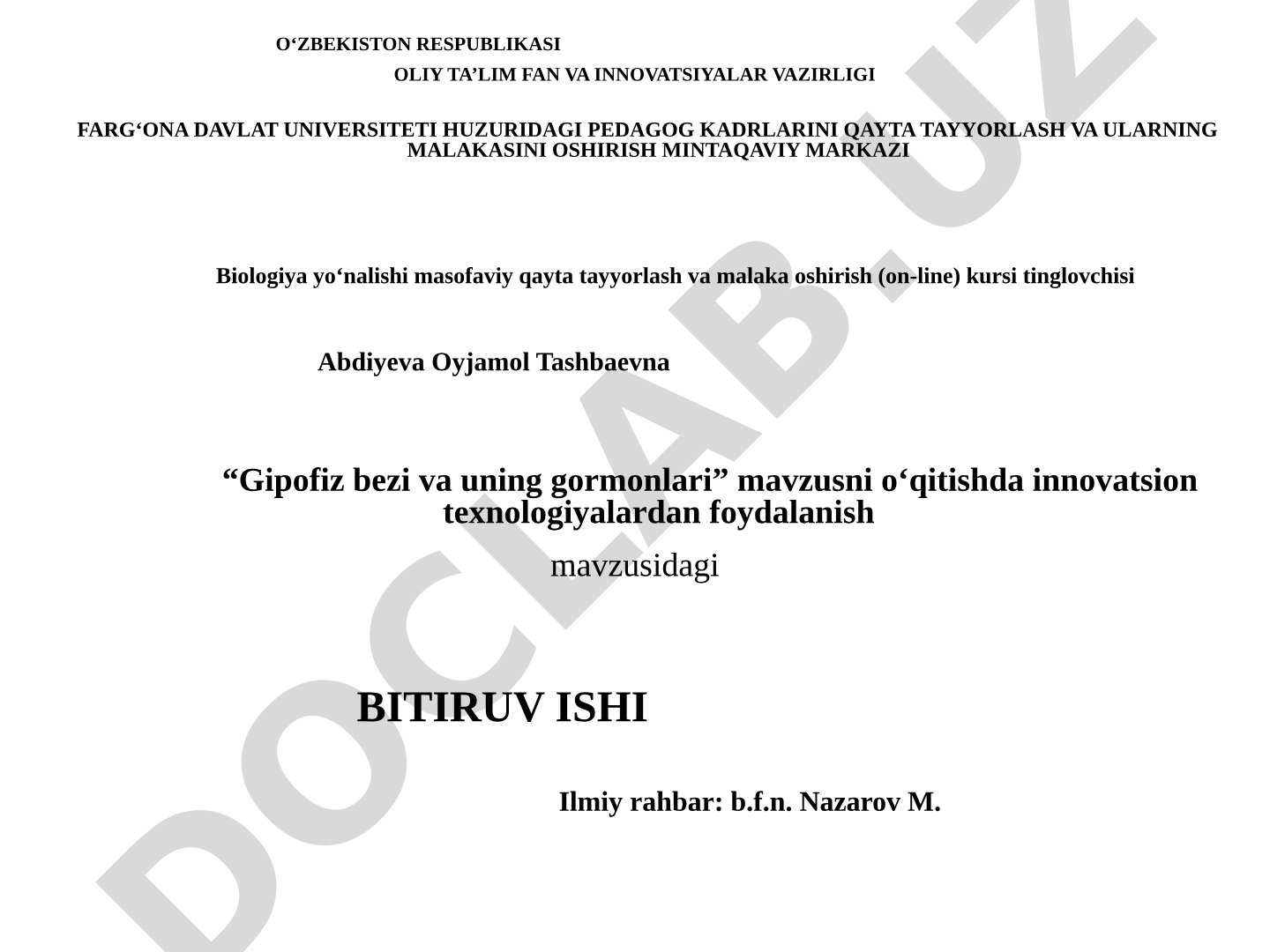 Gipofiz bezi va uning gormonlari mavzusini o‘qitishda innovatsion texnologiyalardan foydalanish