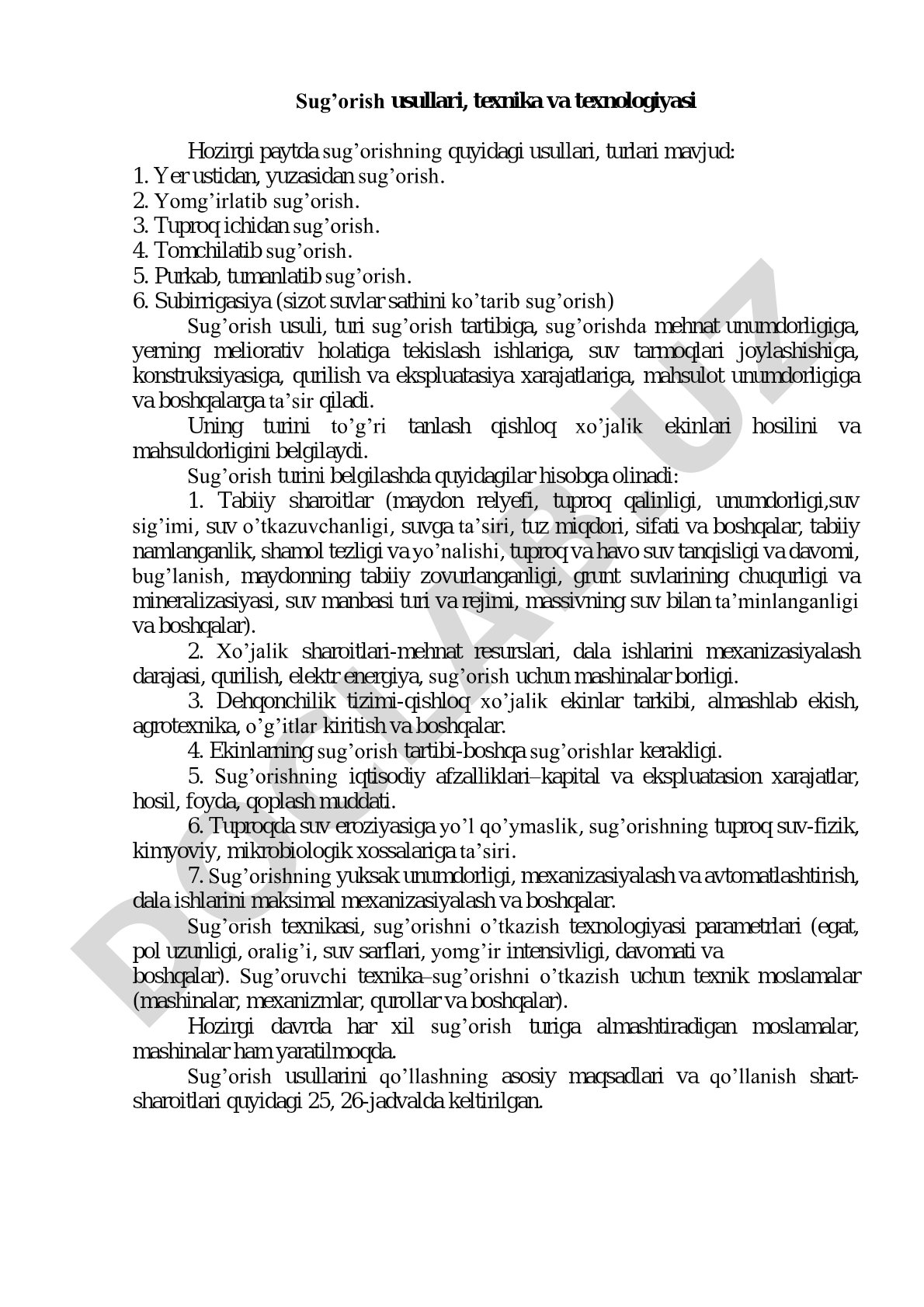 Sug'orish usullari, texnika va texnologiyasi