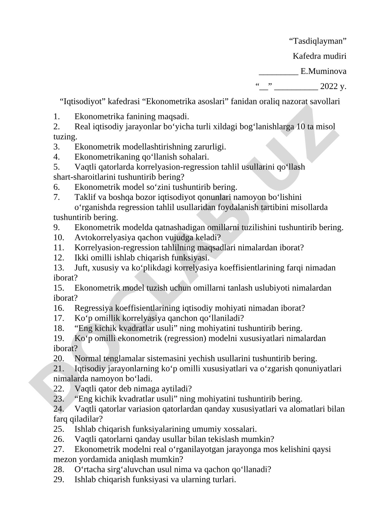 Ekonometrika asoslari fanidan oraliq nazorat savollari