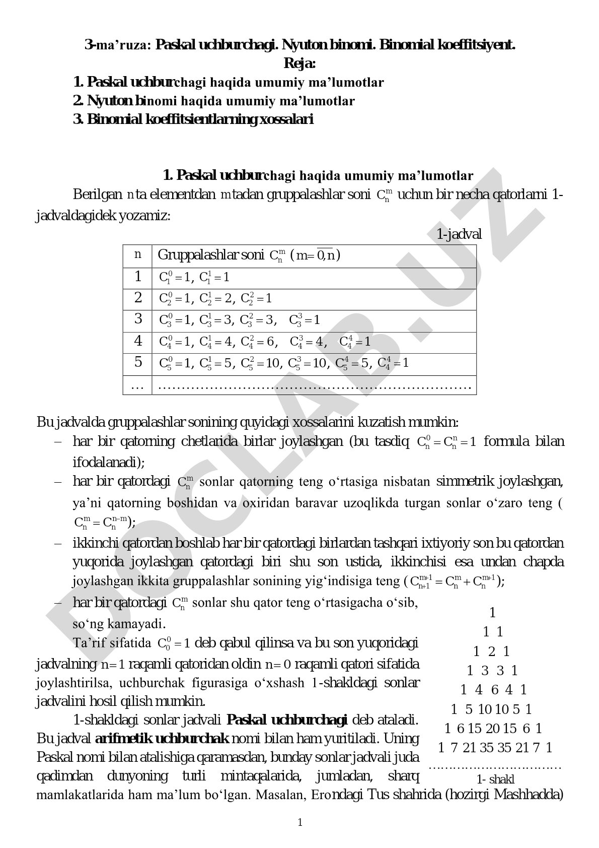 Paskal uchburchagi. Nyuton binomi. Binomial koeffitsiyent