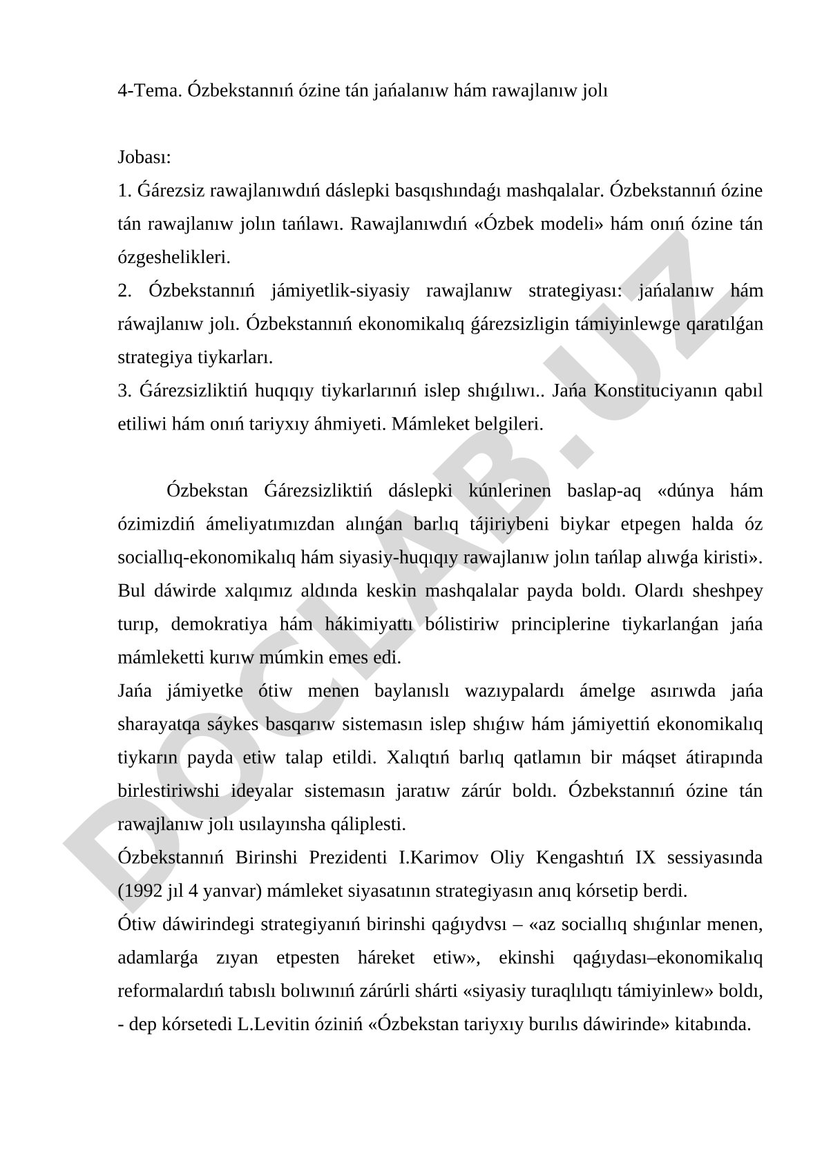 Ózbekstannıń ózine tán jańalanıw hám rawajlanıw jolı