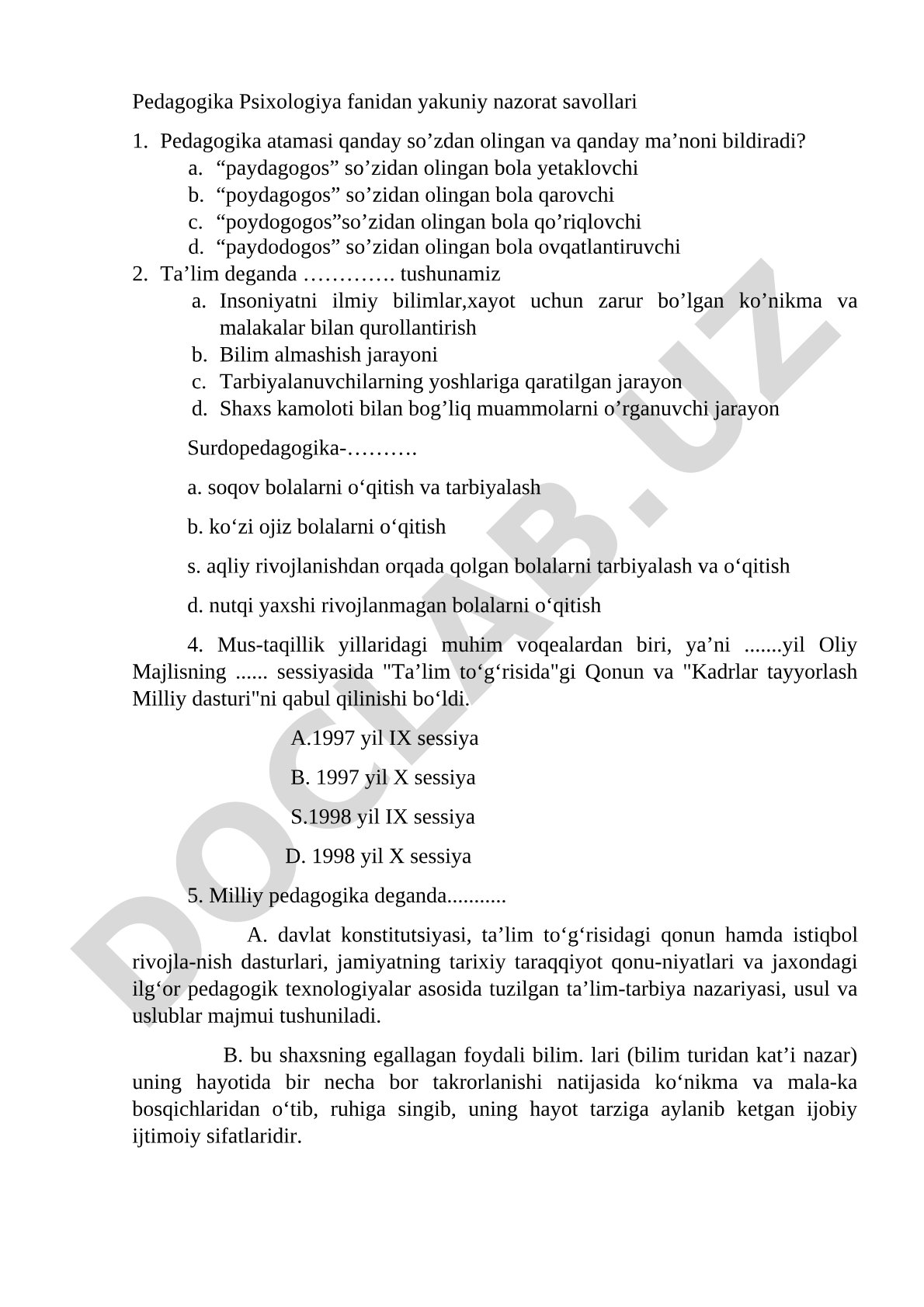 Pedagogika psixologiya fanidan yakuniy nazorat savollari