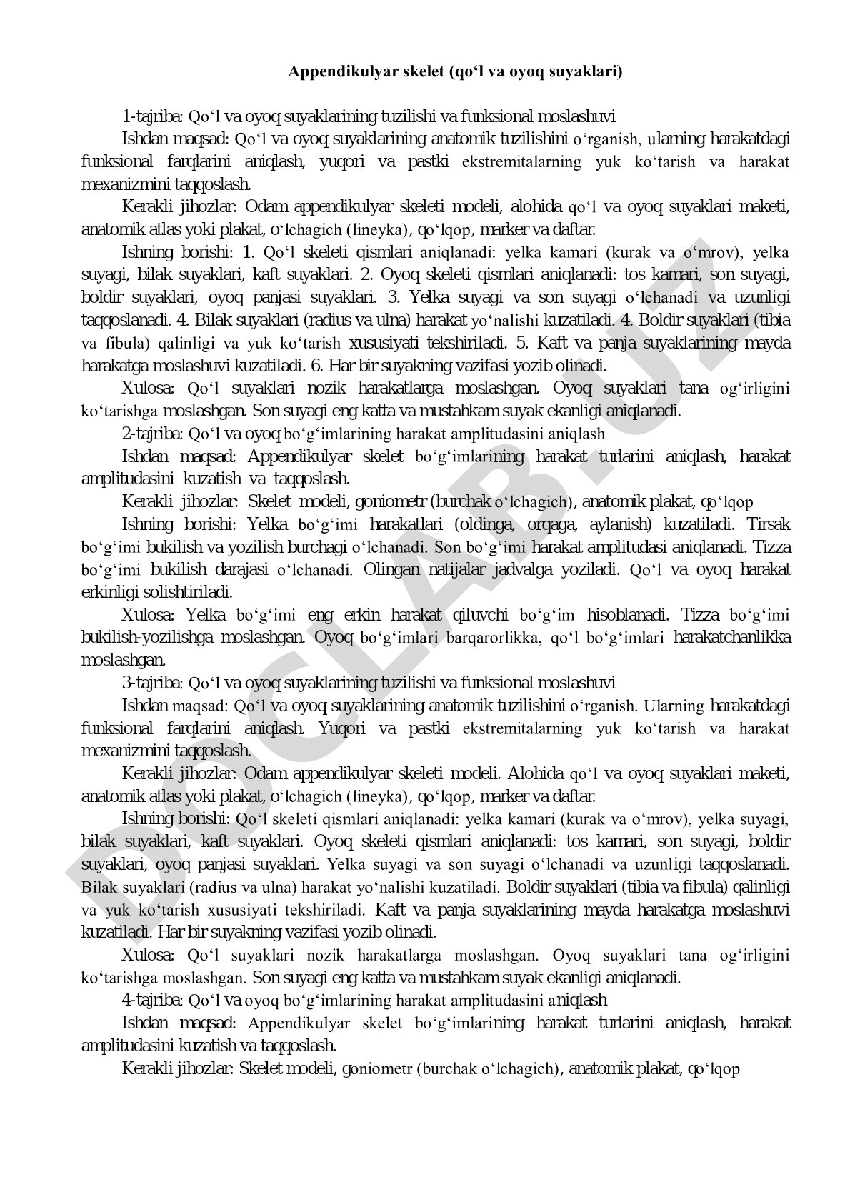 Qo‘l va oyoq suyaklarining tuzilishi va funksional moslashuvi