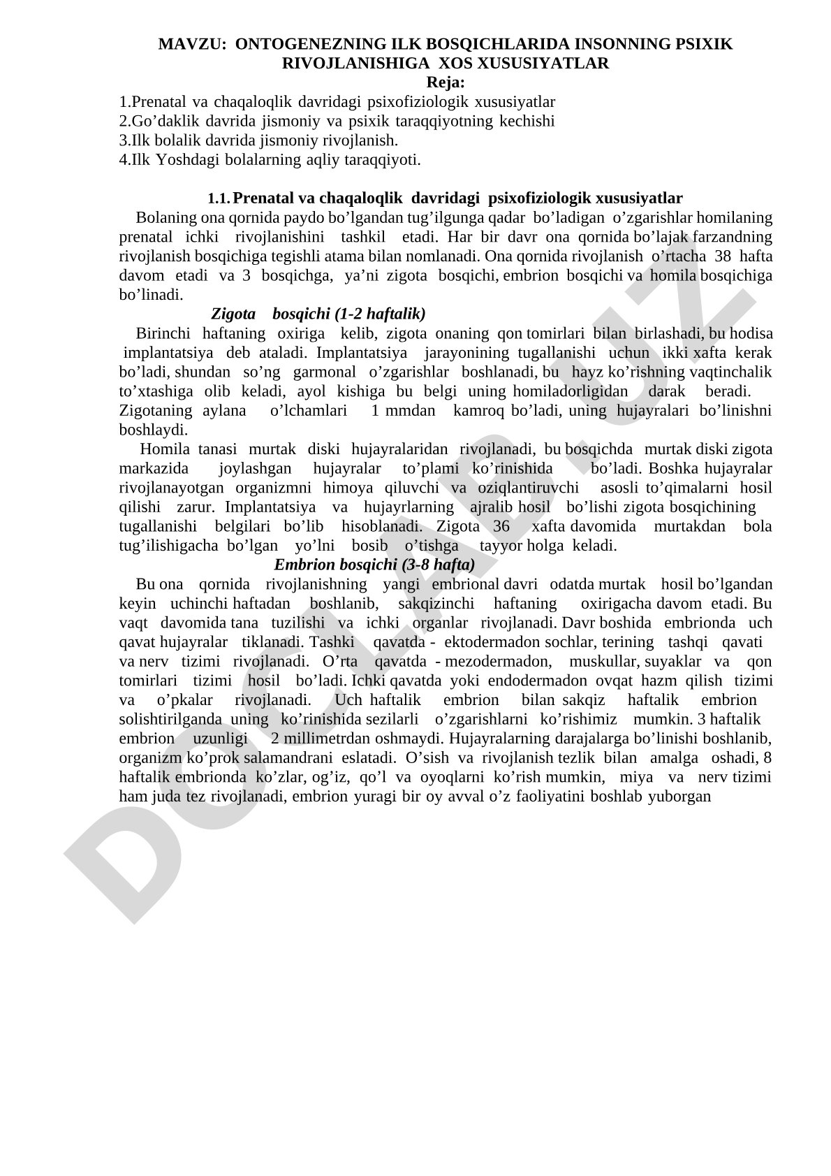 Ontogenezning ilk bosqichlarida insonning psixik rivojlanishiga xos xususiyatlar