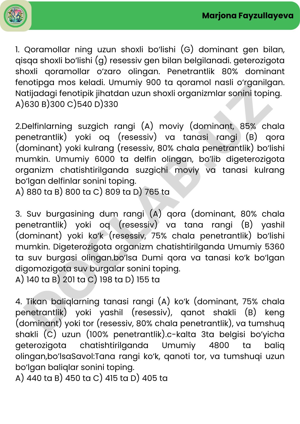 Genetika penetrantlikka oid masalalar