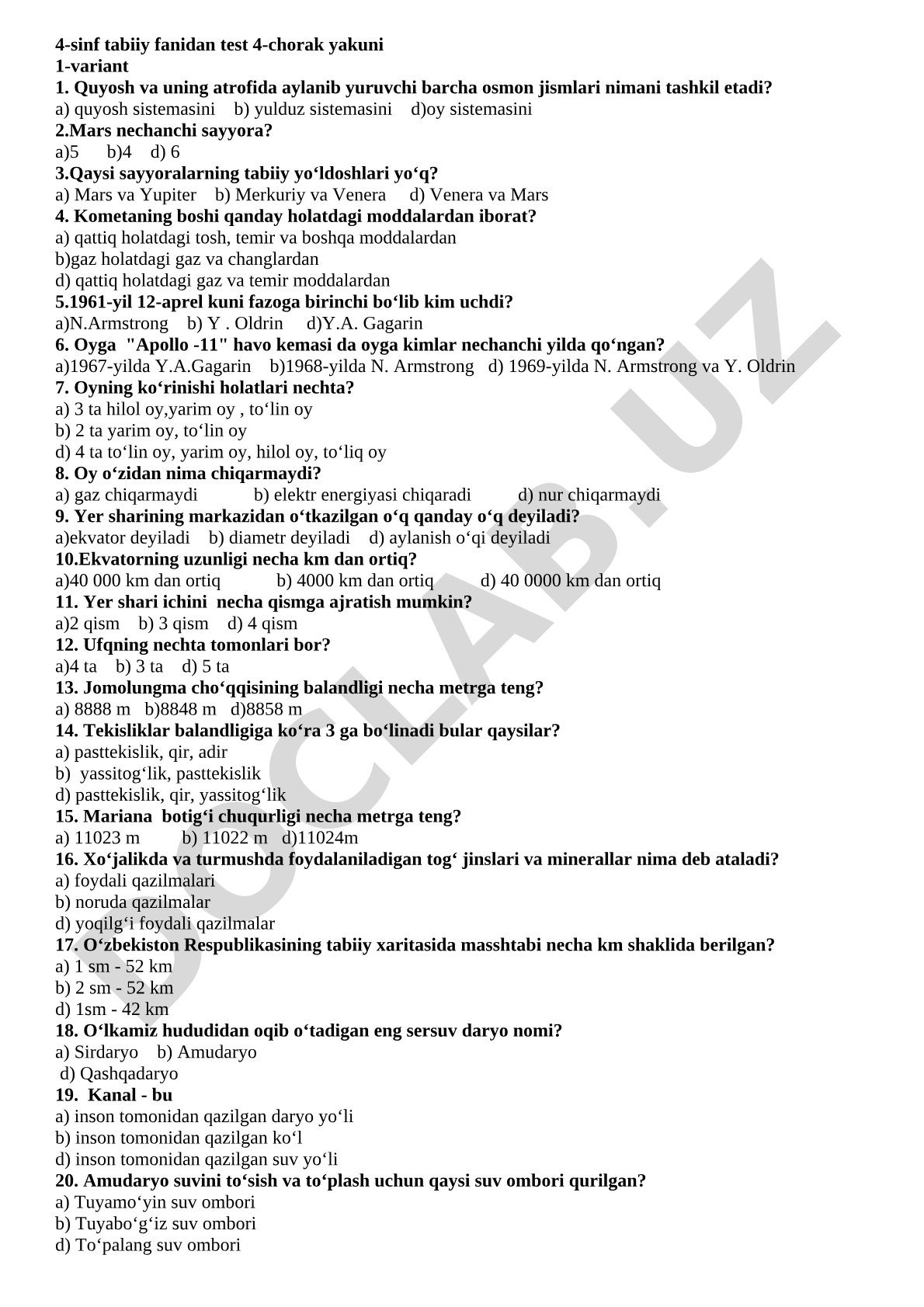 4-sinf tabiiy fanidan test 4-chorak yakuni 1-variant