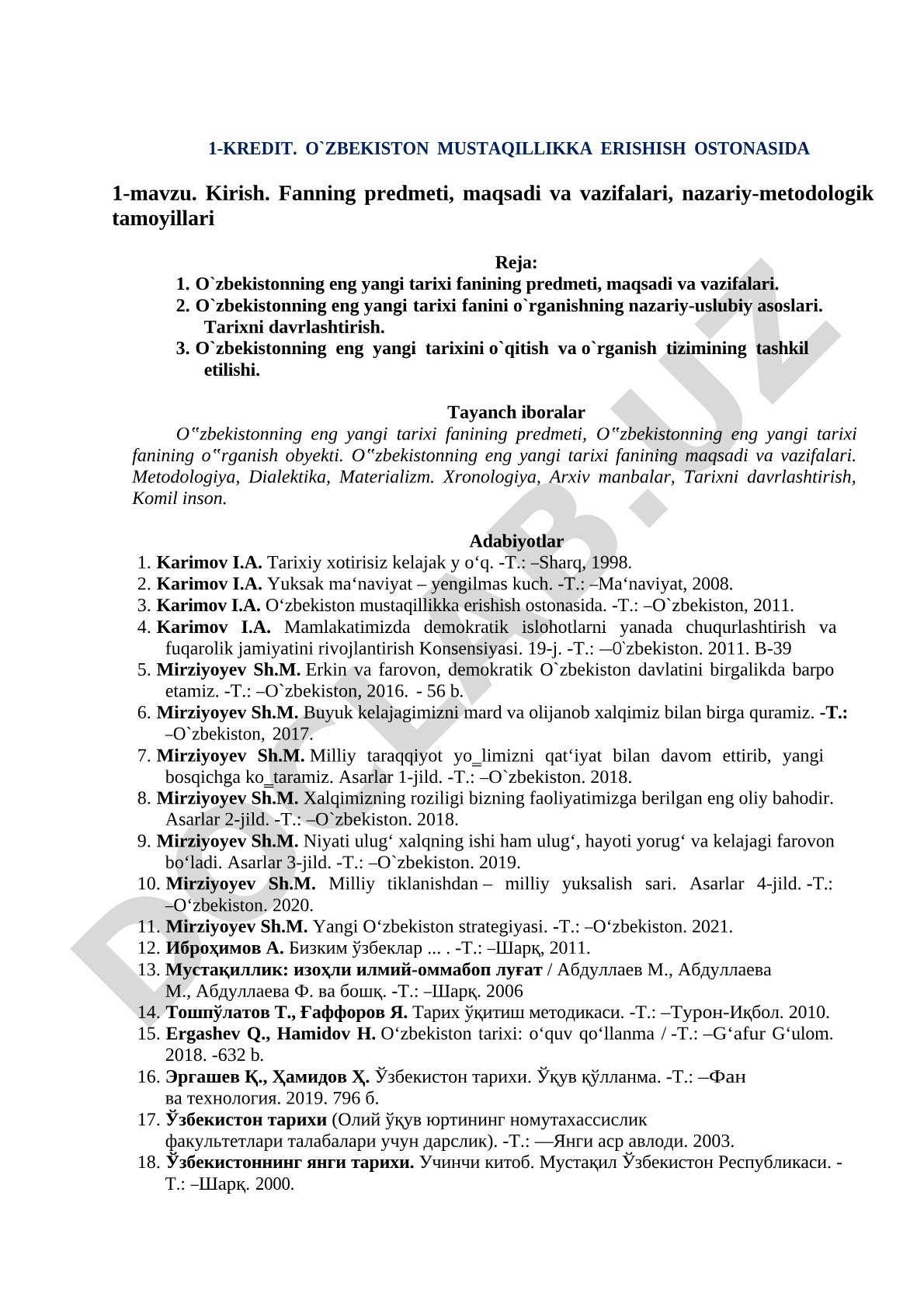Kirish. Fanning predmeti, maqsadi va vazifalari, nazariy-metodologik tamoyillari