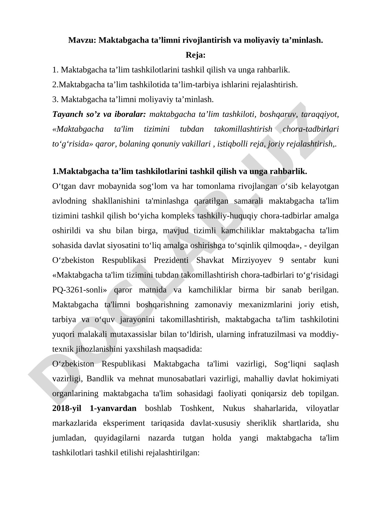 Maktabgacha ta’limni rivojlantirish va moliyaviy ta’minlash