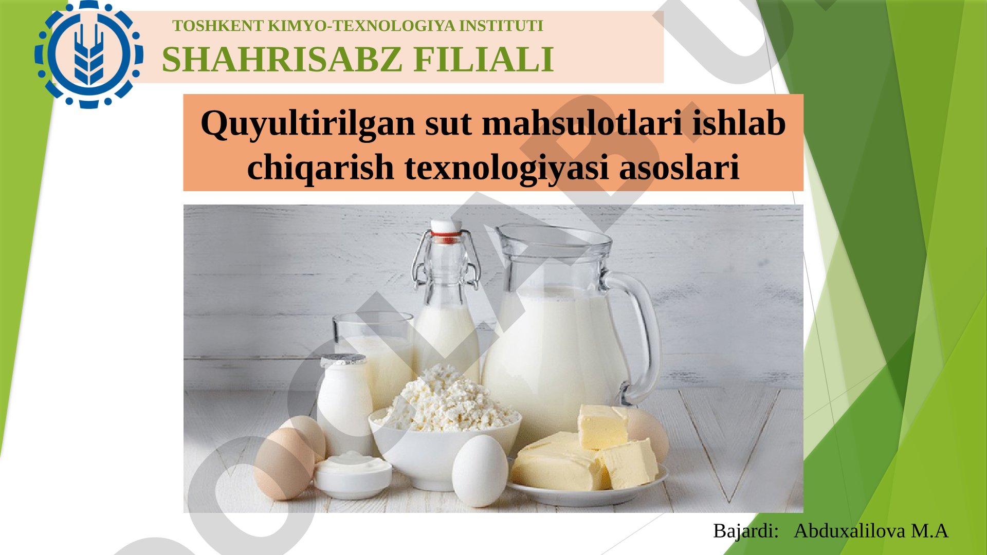 Quyultirilgan sut mahsulotlari ishlab chiqarish texnologiyasi asoslari