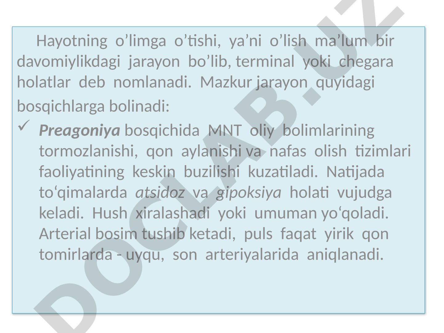O'lim jarayonining preagoniya, terminal pauza va agoniya bosqichlari tavsifi