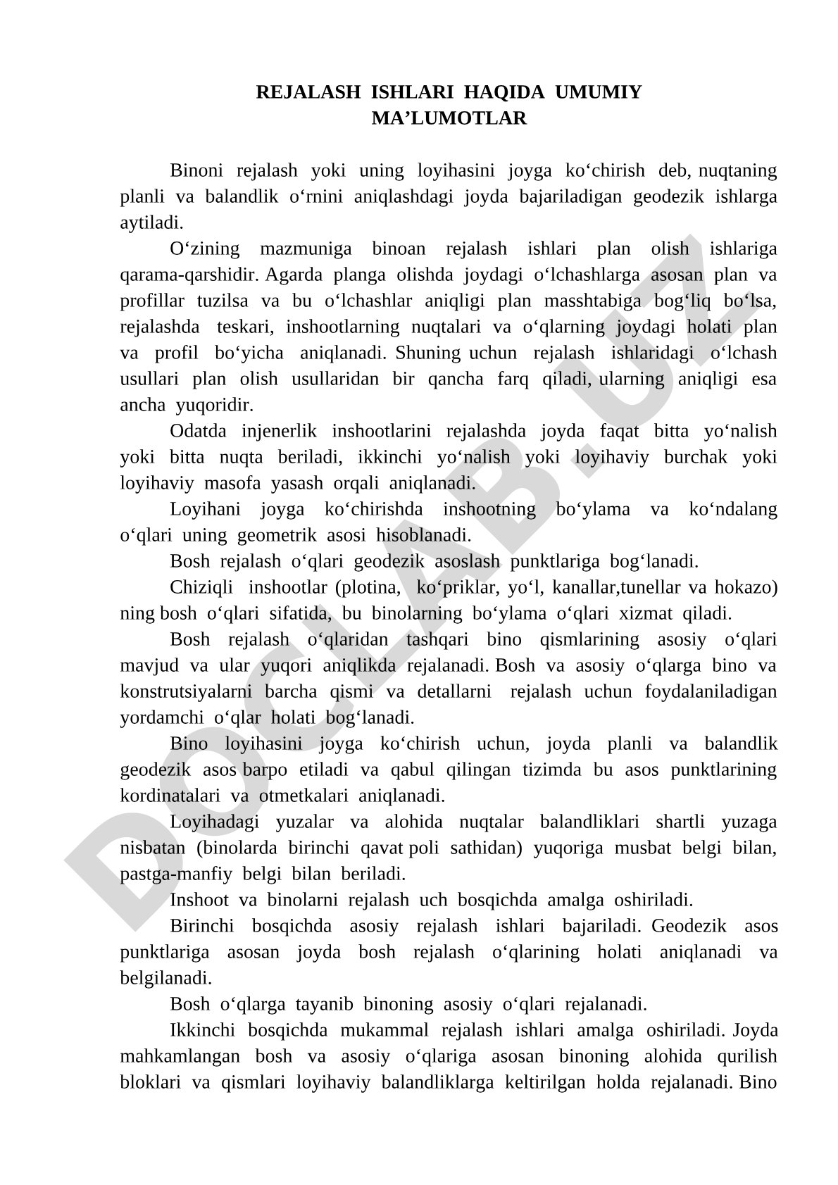 Rejalash ishlari haqida umumiy ma’lumotlar