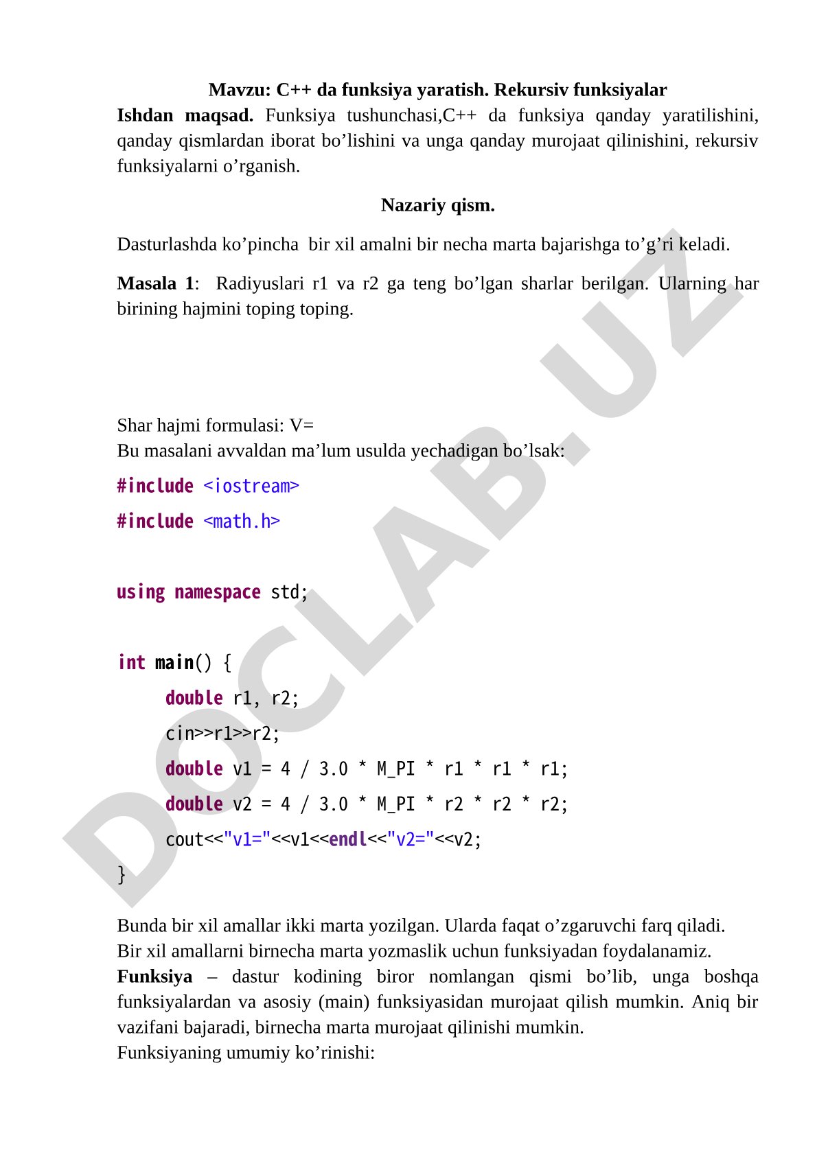 C++ da funksiya yaratish. Rekursiv funksiyalar