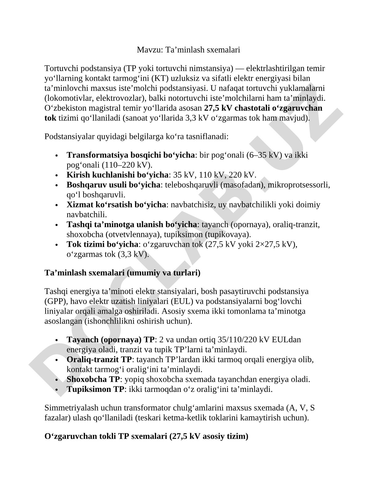 Ta’minlash sxemalari Tortuvchi podstansiya