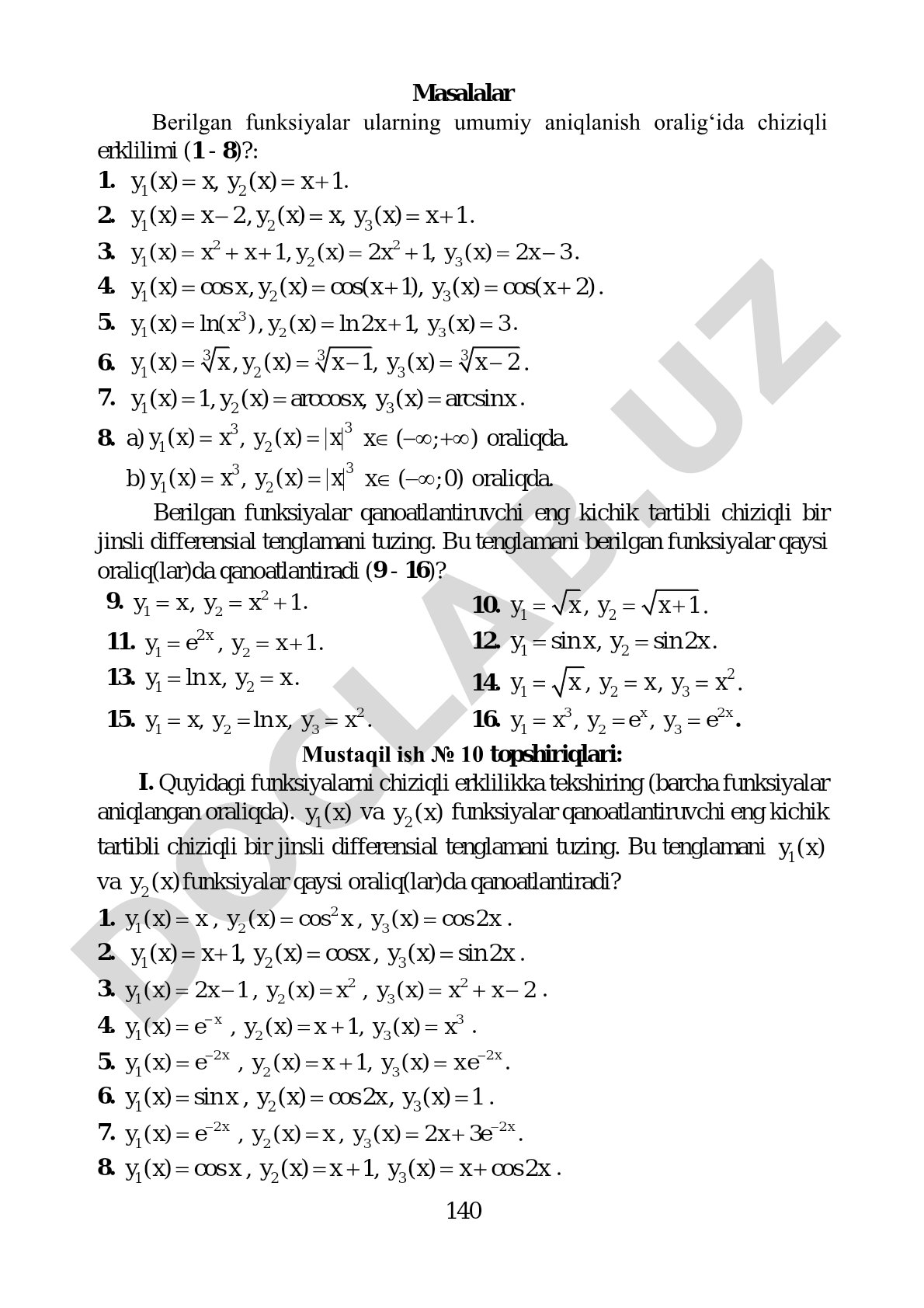 Funksiyalarning chiziqli erkligi va differensial tenglamalar