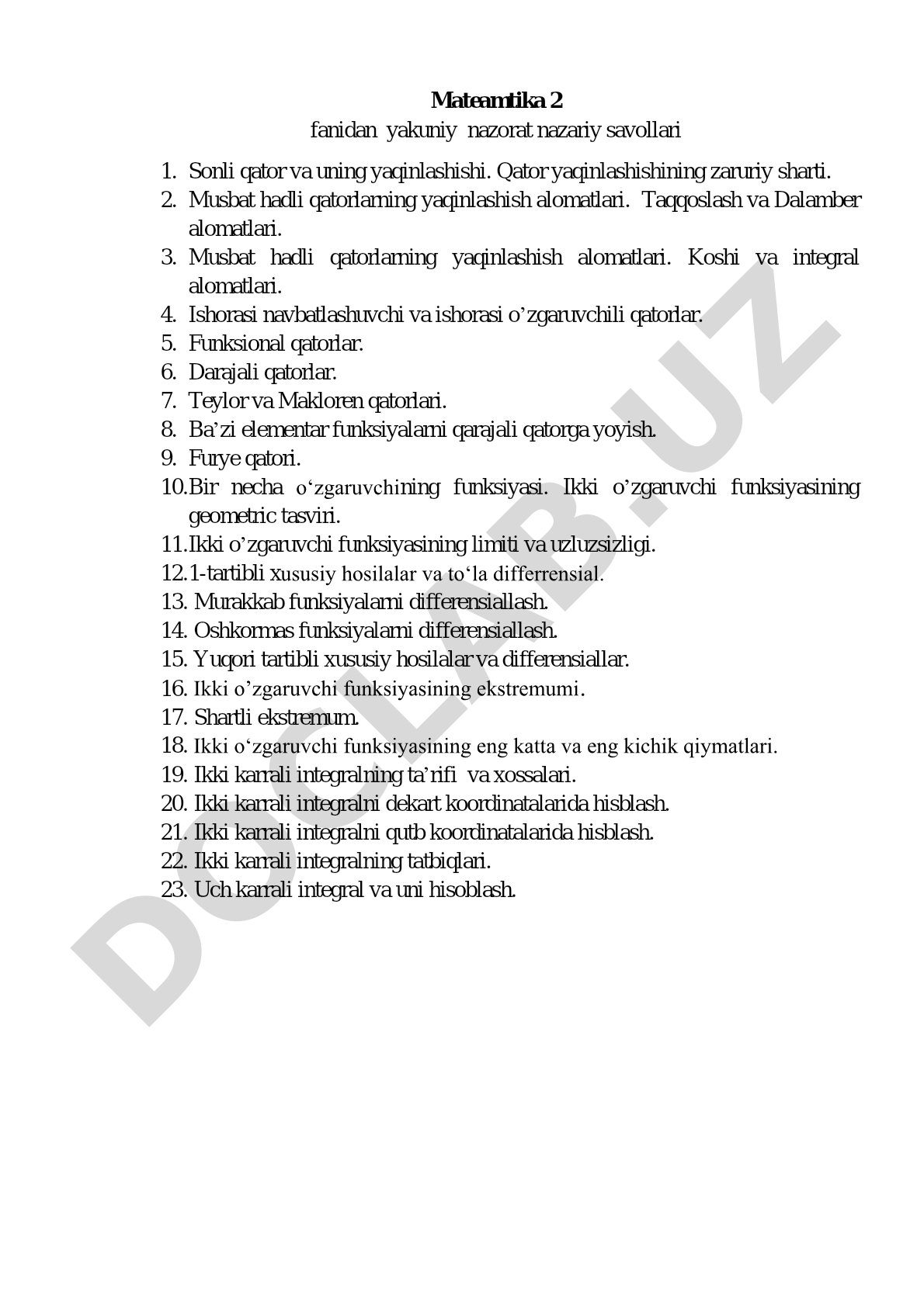 Matematika 2 fanidan yakuniy nazorat nazariy savollari
