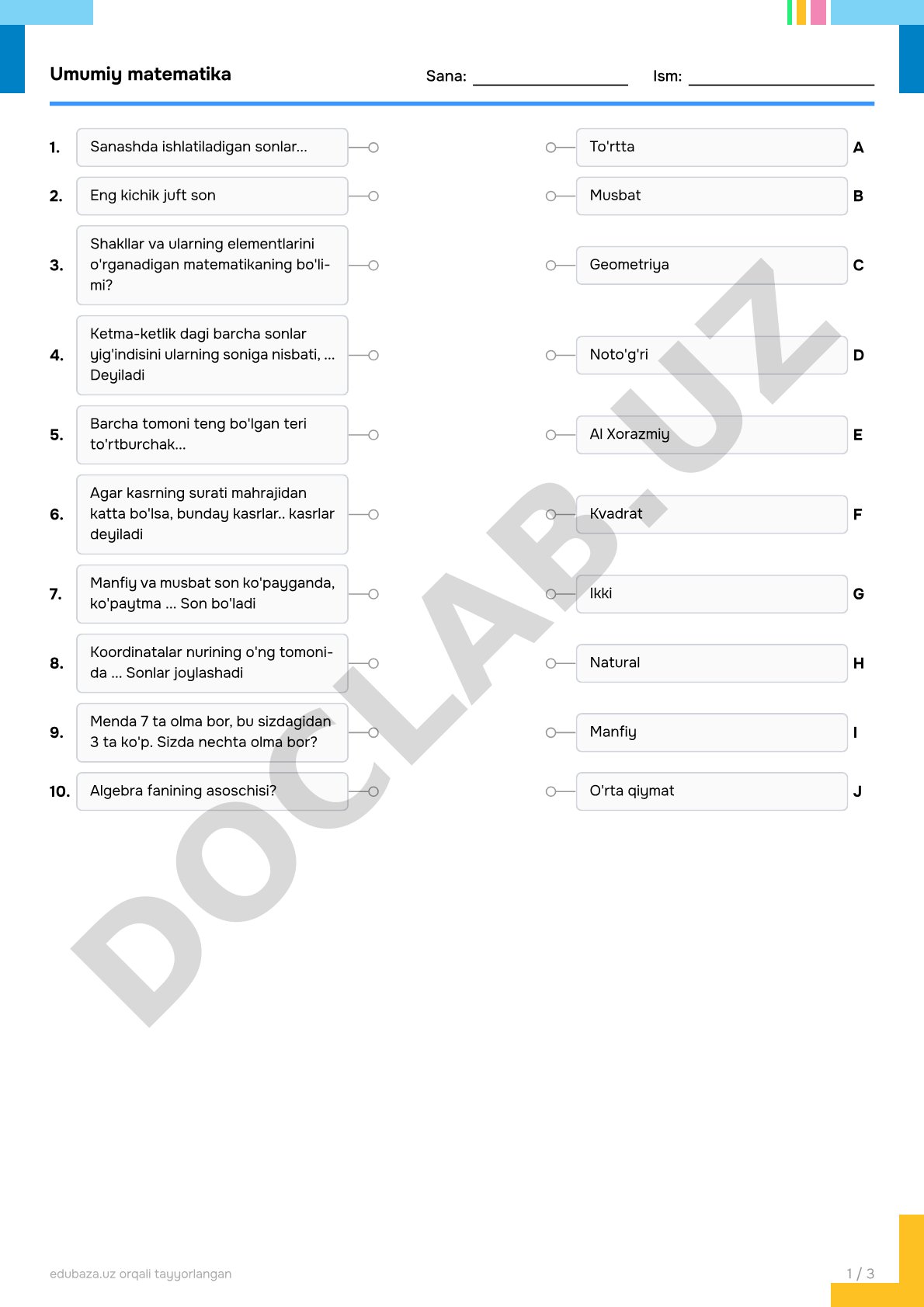 Umumiy matematika fanidan test savollari