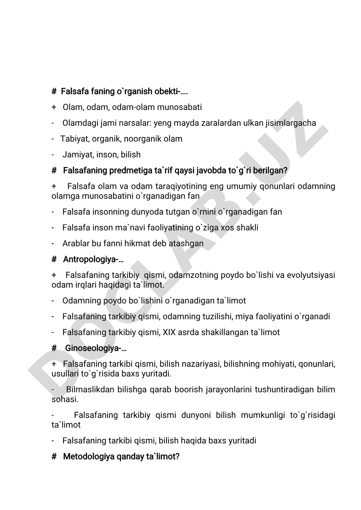 Falsafa fanidan test savollari