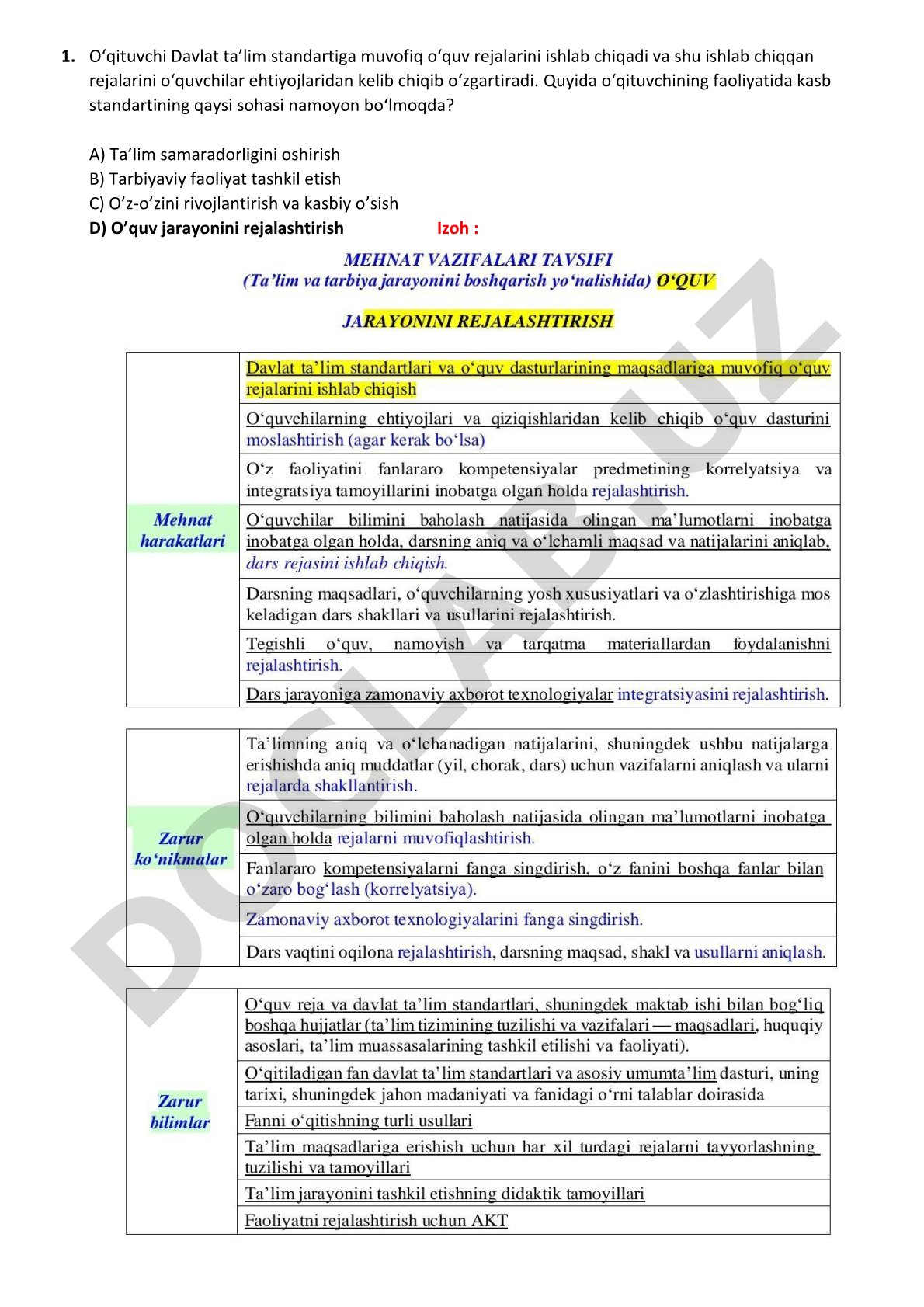 O'qituvchi kasb standarti sohalari bo'yicha test savollari