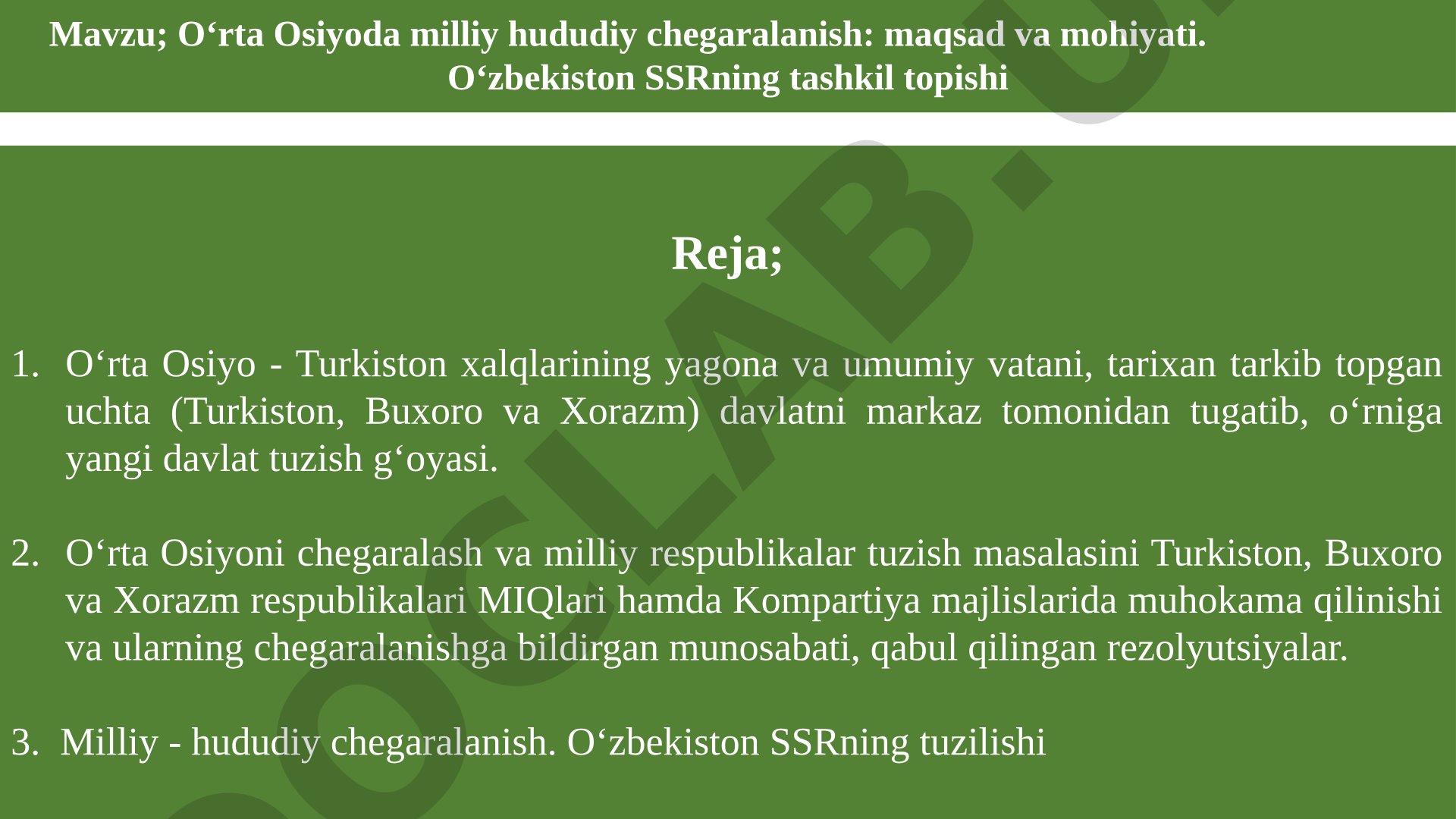 O‘rta Osiyoda milliy hududiy chegaralanish: maqsad va mohiyati. O‘zbekiston SSRning tashkil topishi