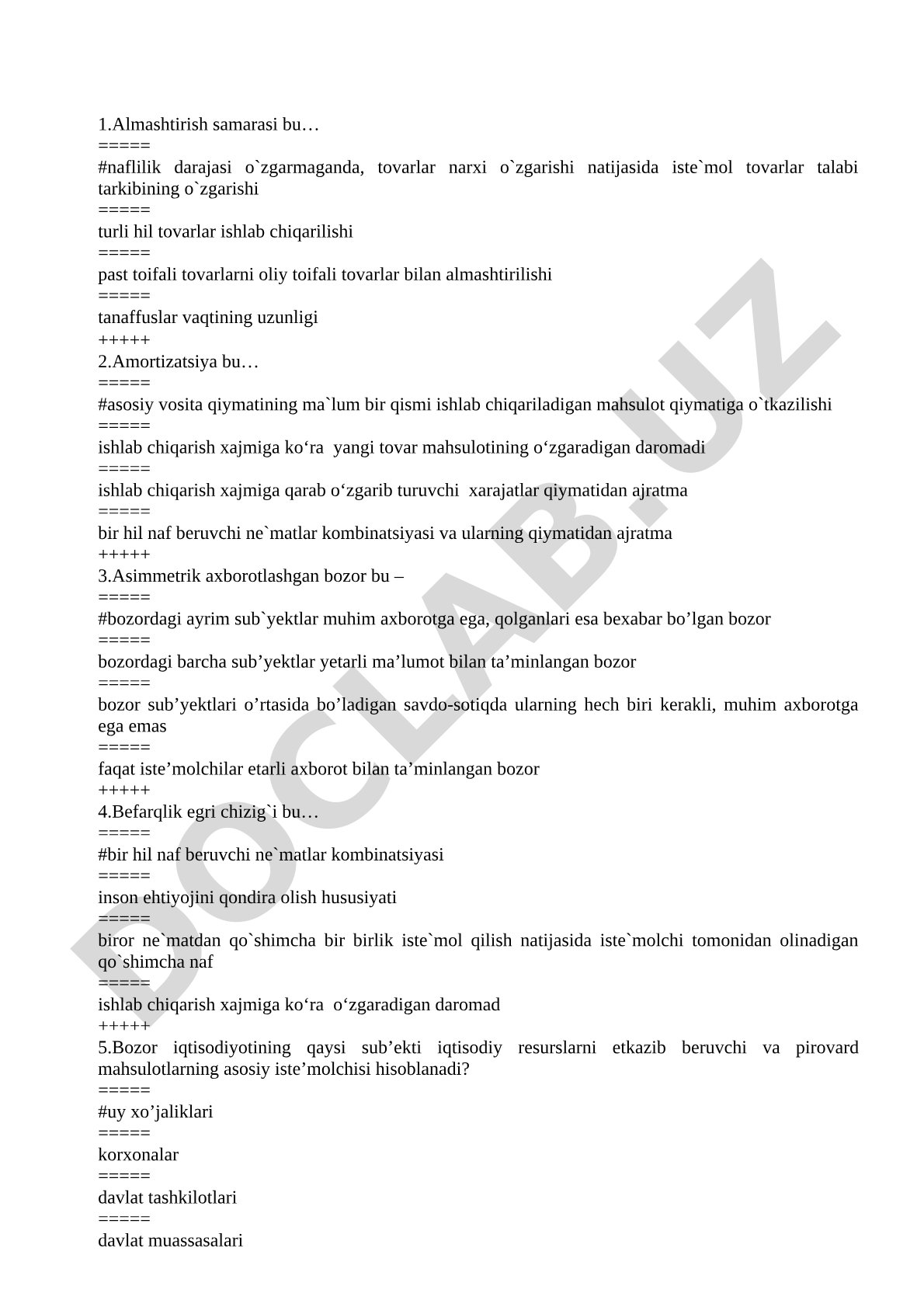Mikroiqtisodiyot fanidan test: almashtirish, amortizatsiya, asimmetrik axborot