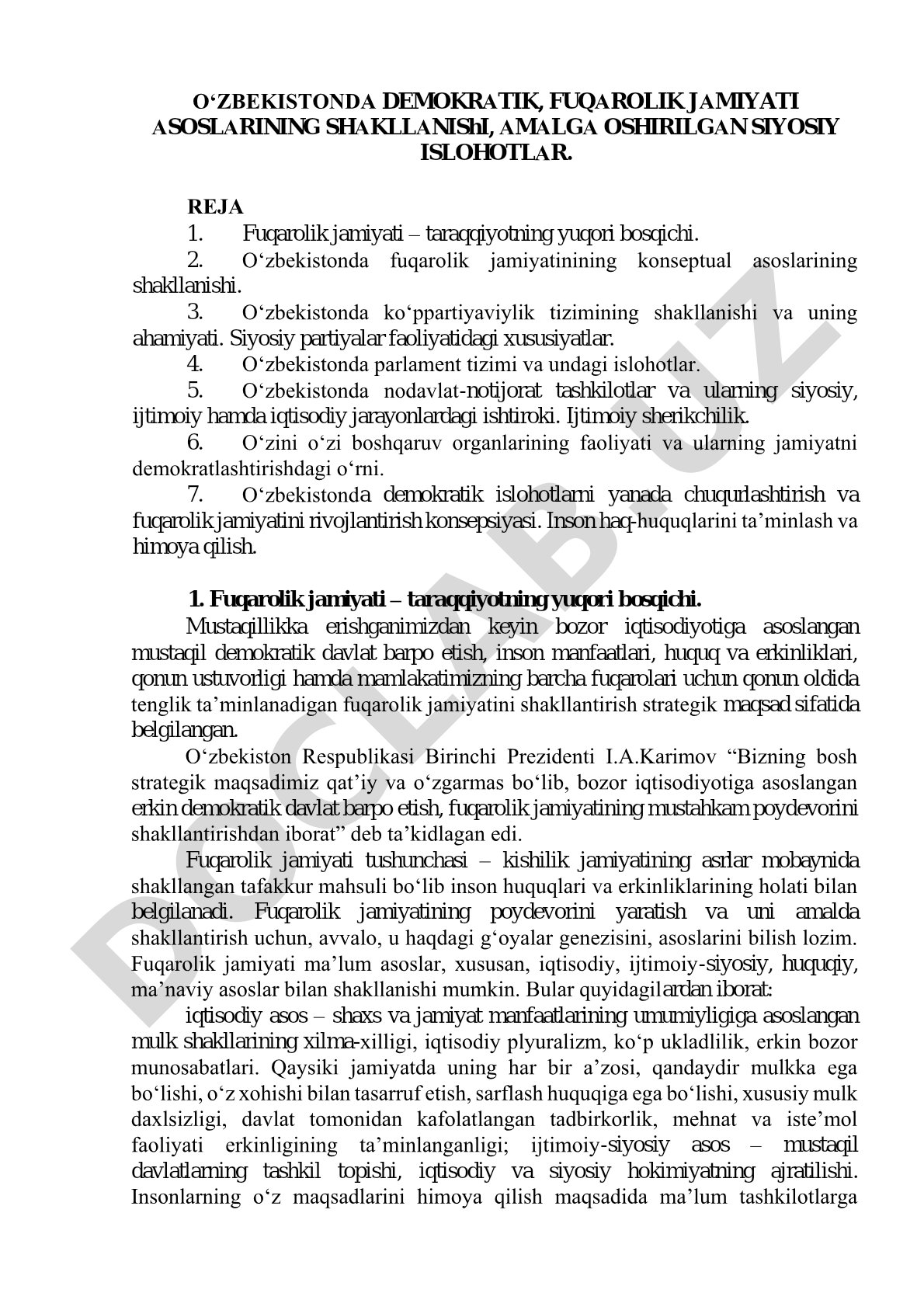 O‘zbekistonda demokratik, fuqarolik jamiyati asoslarining shakllanishi, amalga oshirilgan siyosiy islohotlar