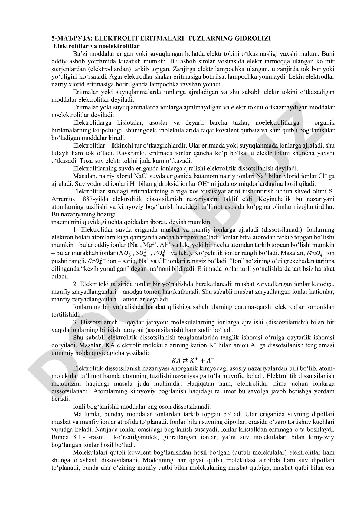Elektrolit eritmalari. Tuzlarning gidrolizi