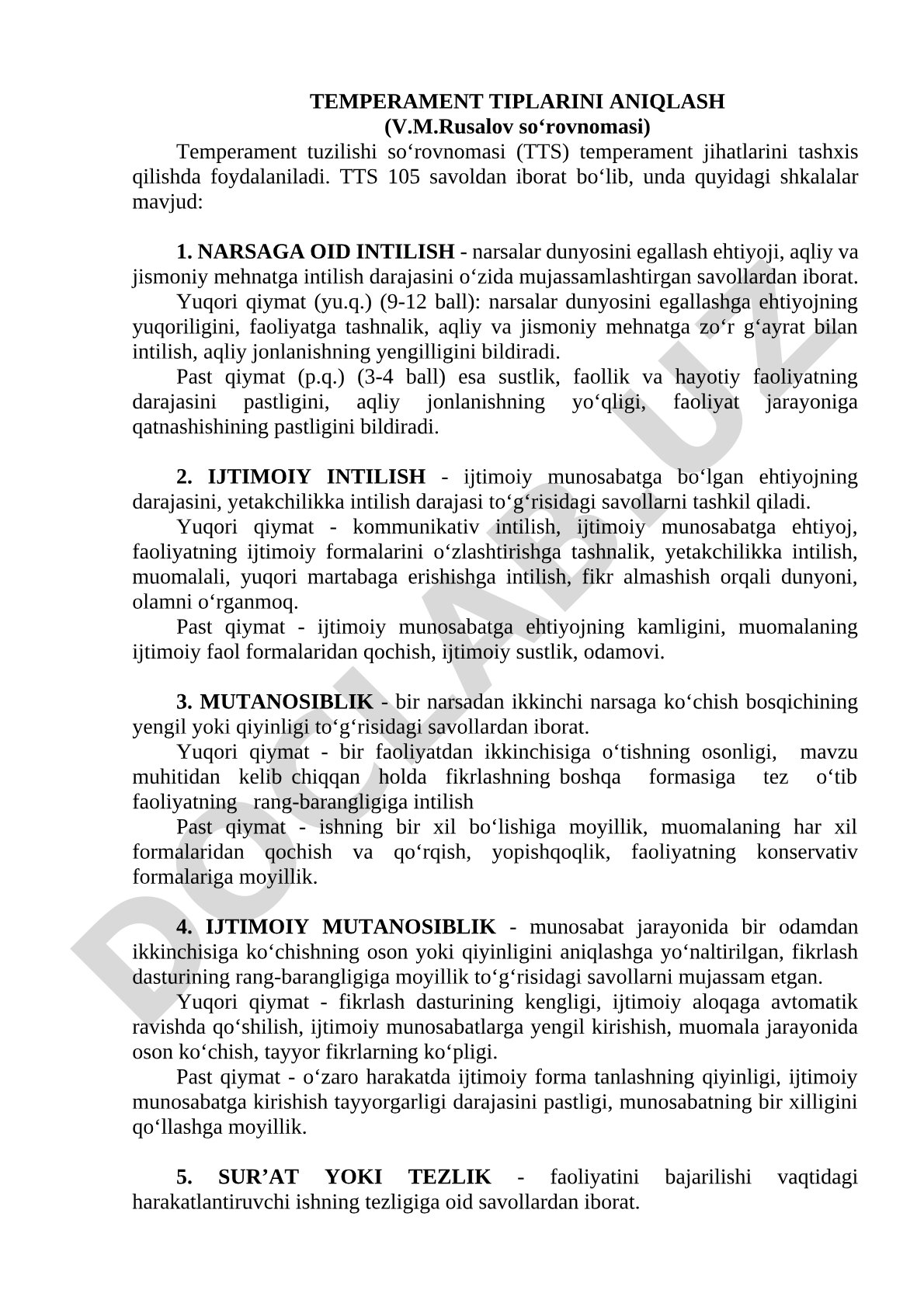 Temperament tiplarini aniqlash (V.M.Rusalov so‘rovnomasi)