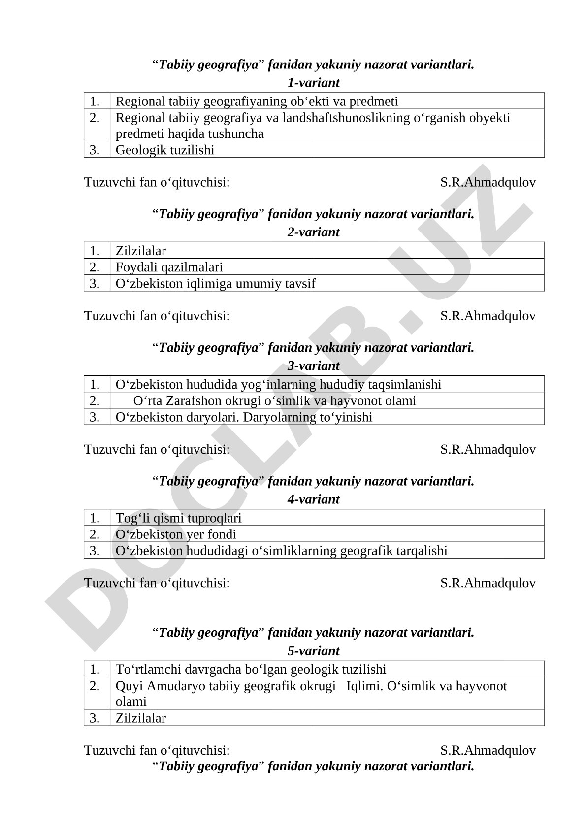 “Tabiiy geografiya” fanidan yakuniy nazorat variantlari