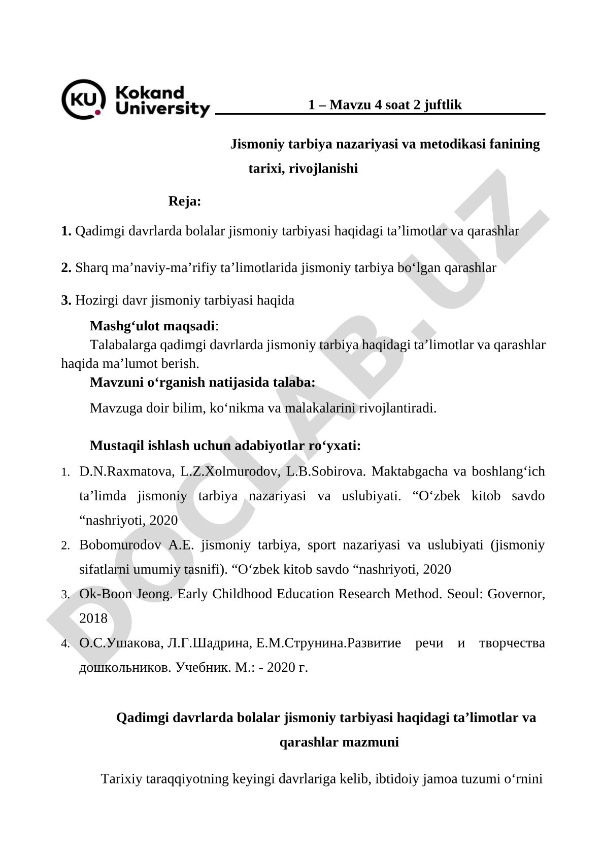 Jismoniy tarbiya nazariyasi va metodikasi fanining tarixi, rivojlanishi