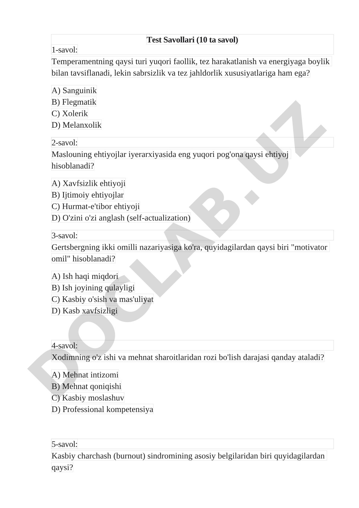 Test savollari: Temperament, Maslou, Gertsberg, burnout