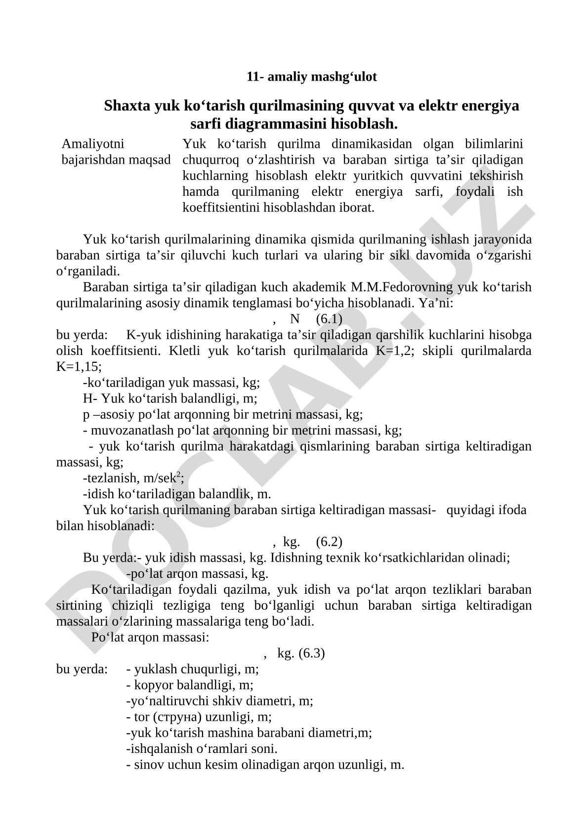 Shaxta yuk ko‘tarish qurilmasining quvvat va elektr energiya sarfi diagrammasini hisoblash