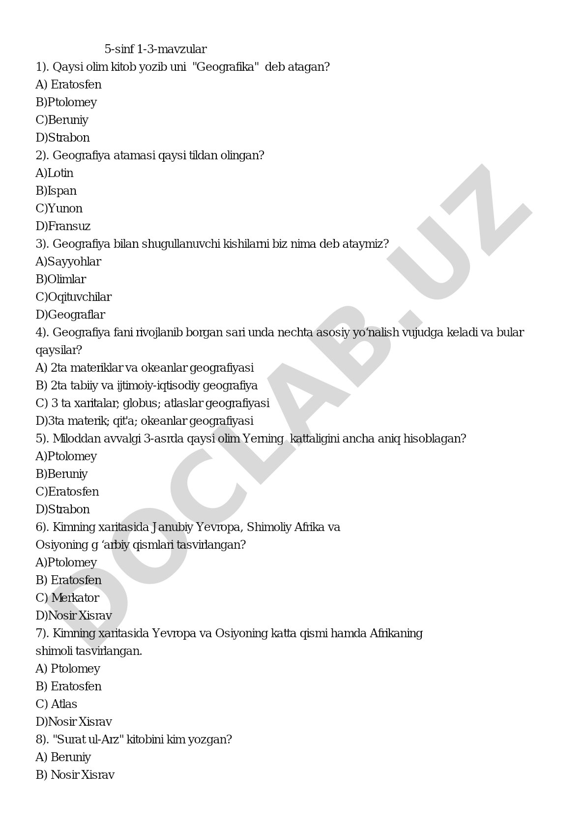Geografiya 5-sinf 1-3-mavzular test savollari