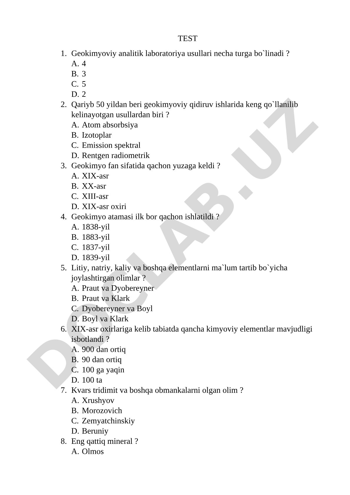 Geokimyoviy analitik laboratoriya usullari test savollari