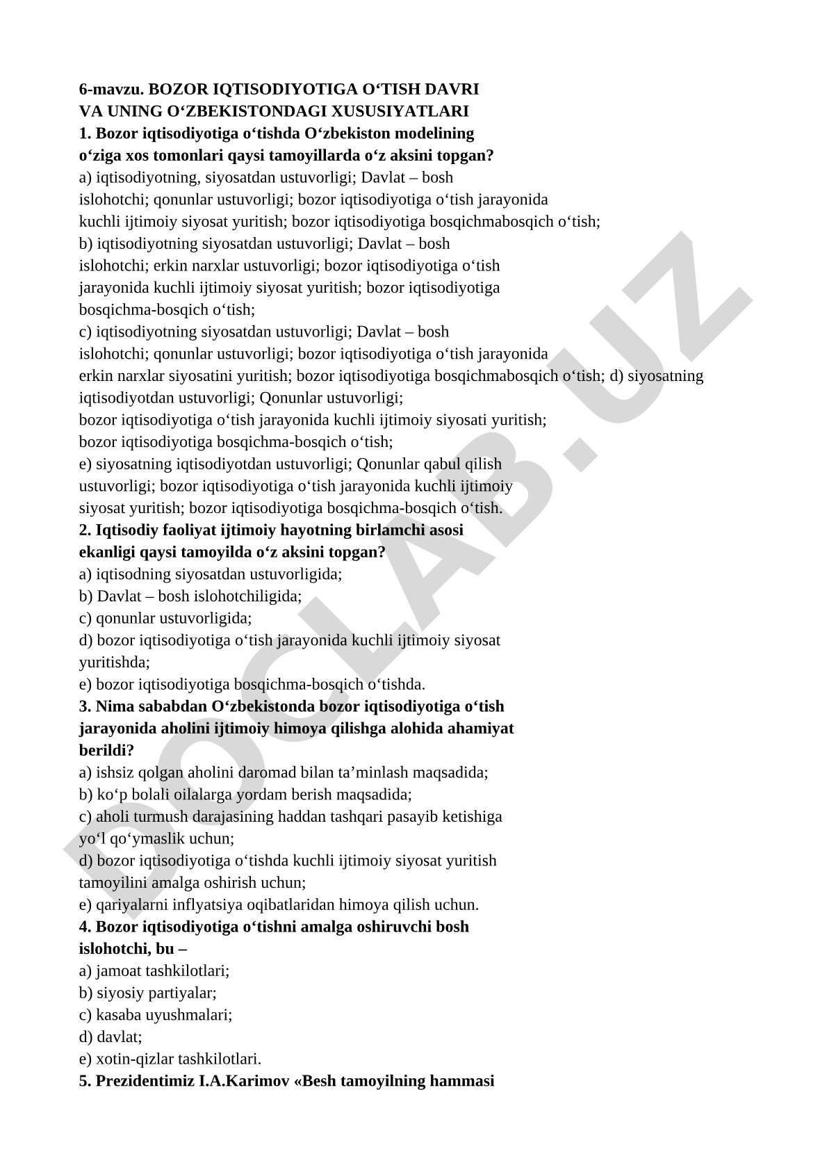 Bozor iqtisodiyotiga o‘tish davri va uning O‘zbekistondagi xususiyatlari
