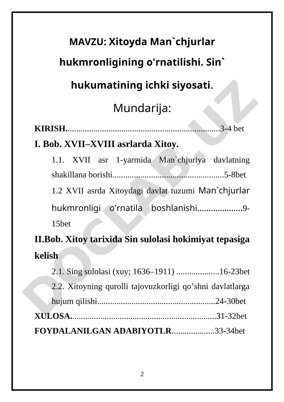 Xitoyda Man`chjurlar hukmronligining o'rnatilishi. Sin` hukumatining ichki siyosati.