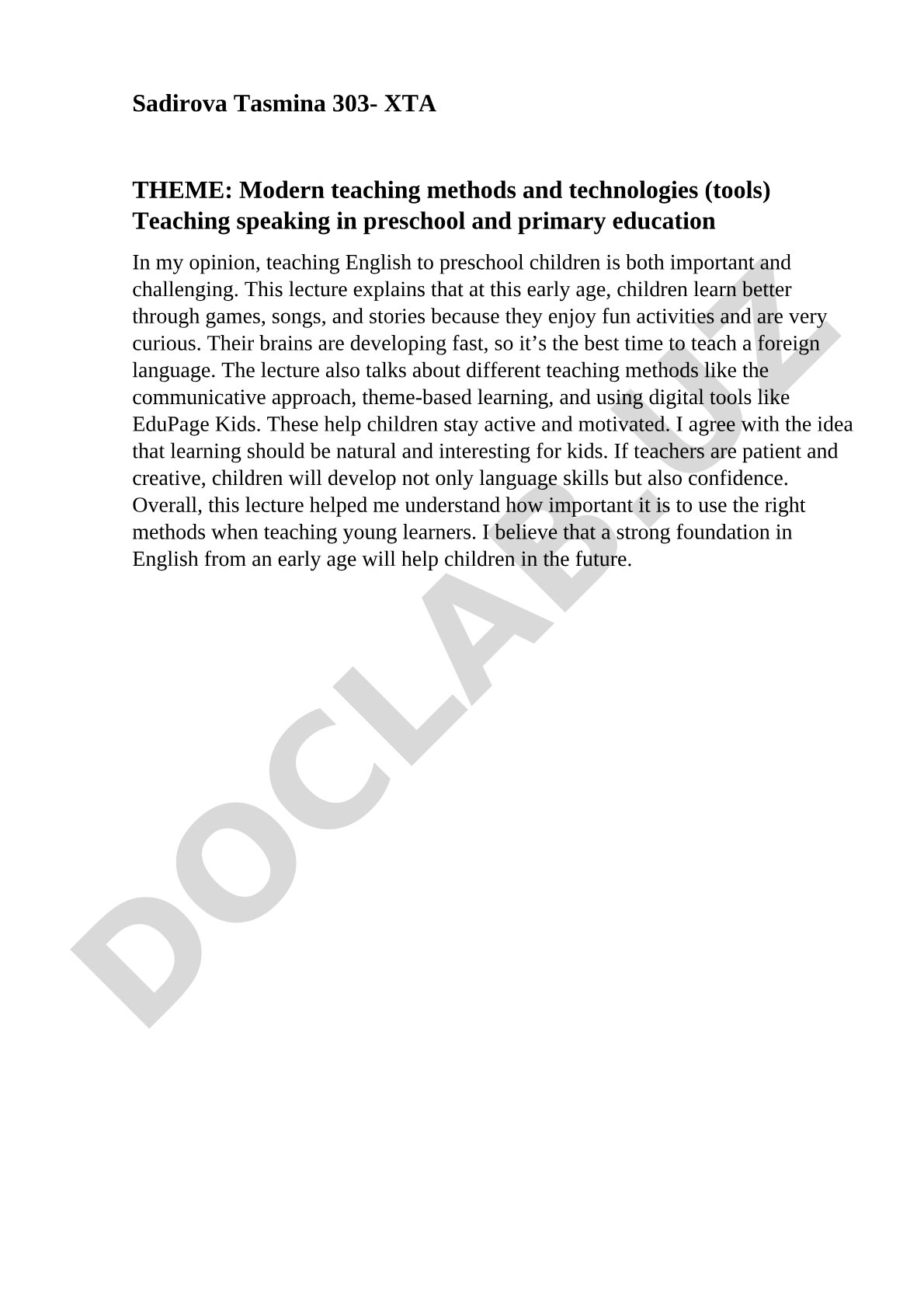 Modern teaching methods and technologies (tools) Teaching speaking in preschool and primary education