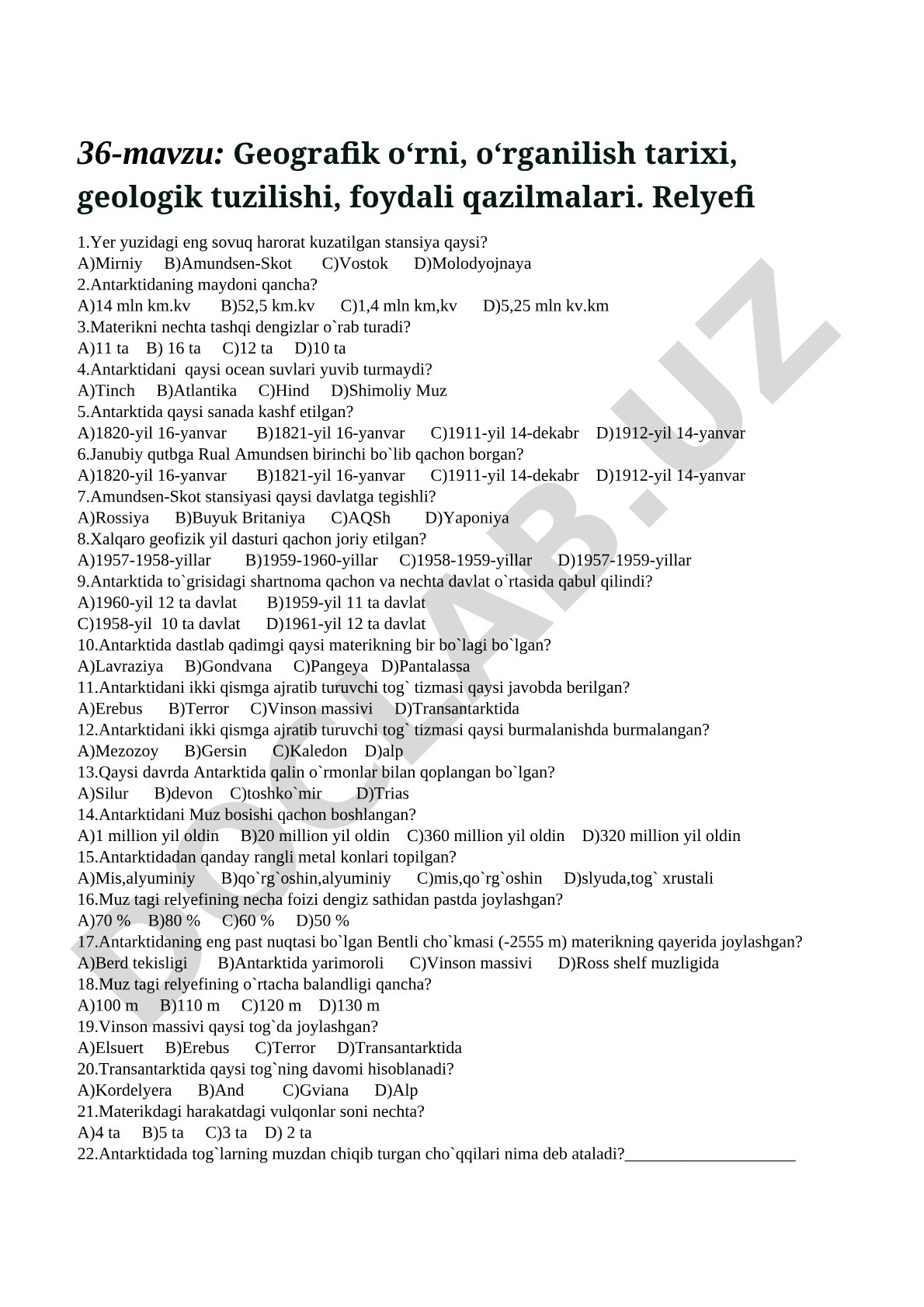 Geografik o‘rni, o‘rganilish tarixi, geologik tuzilishi, foydali qazilmalari. Relyefi