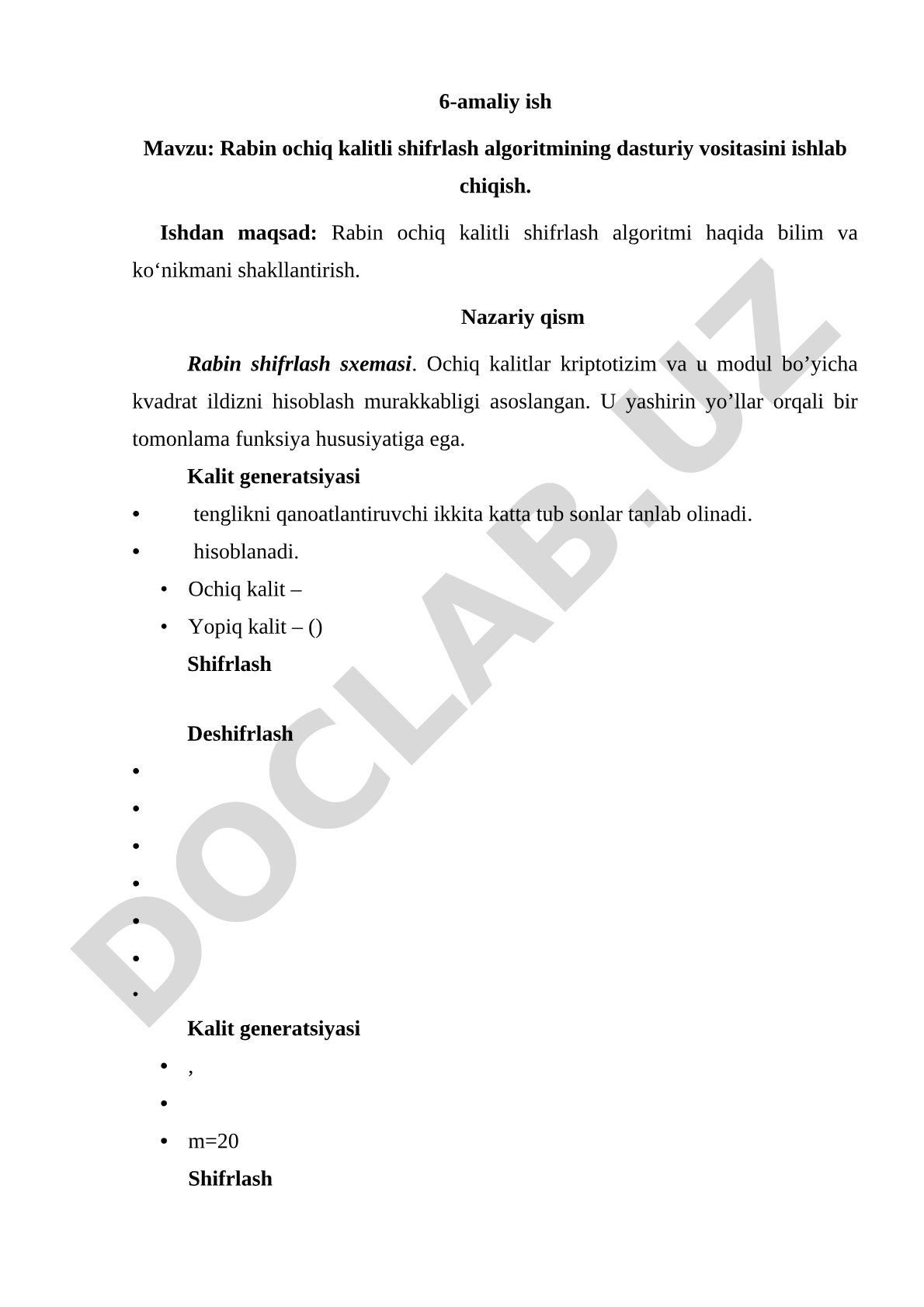 Rabin ochiq kalitli shifrlash algoritmining dasturiy vositasini ishlab chiqish