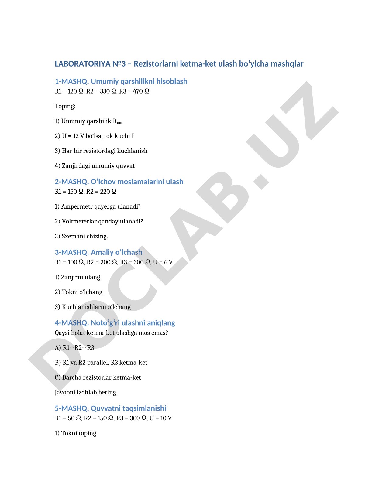 Rezistorlarni ketma-ket ulash bo‘yicha mashqlar