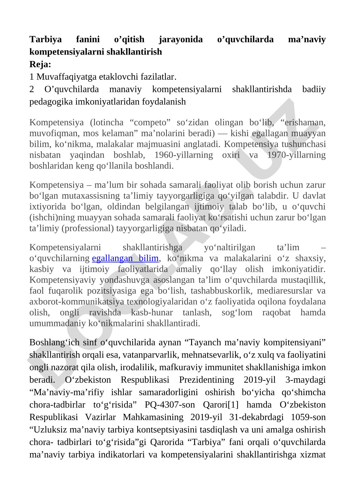 Tarbiya fanini o’qitish jarayonida o’quvchilarda ma’naviy kompetensiyalarni shakllantirish