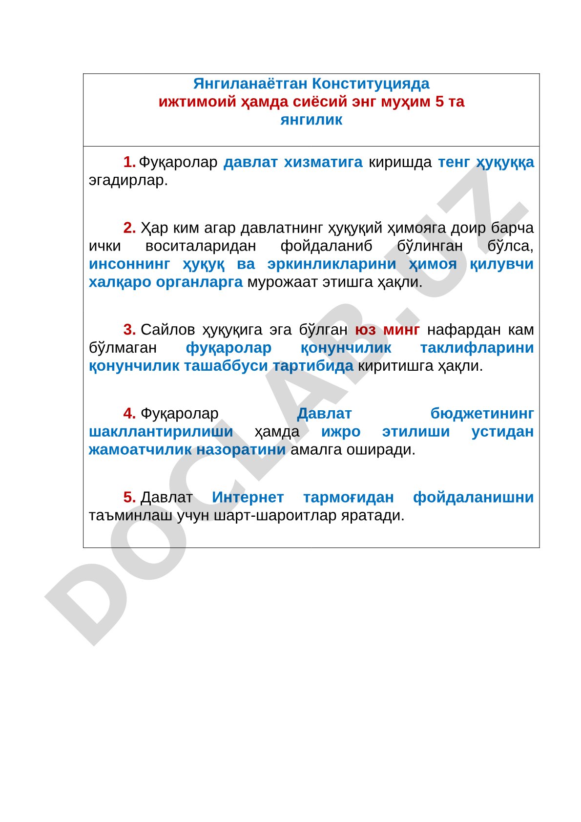 Yangilanayotgan Konstitutsiyada ijtimoiy hamda siyosiy eng muhim 5 ta yangilik