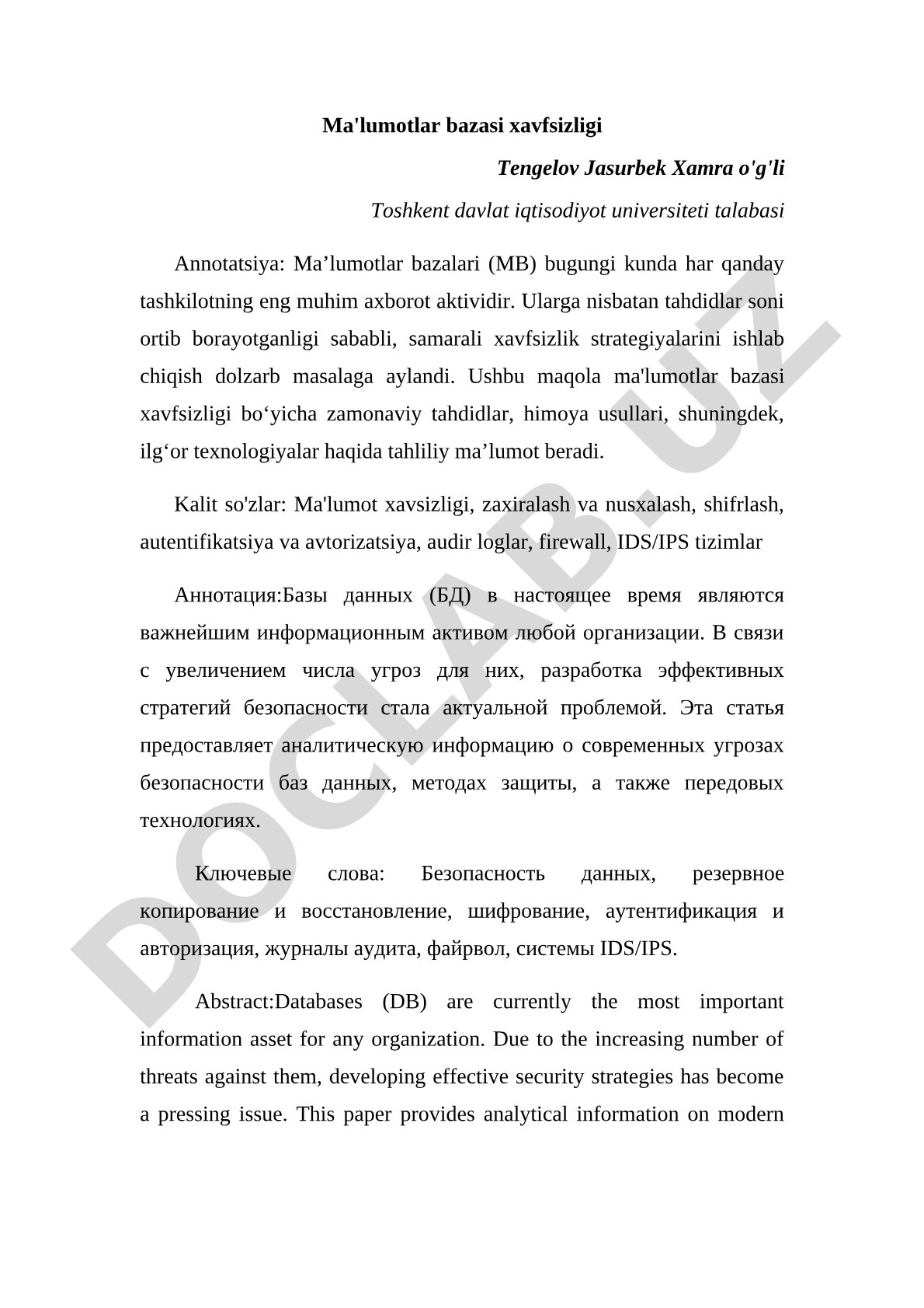 Ma'lumotlar bazasi xavfsizligi bo'yicha tahdidlar, himoya usullari va texnologiyalar