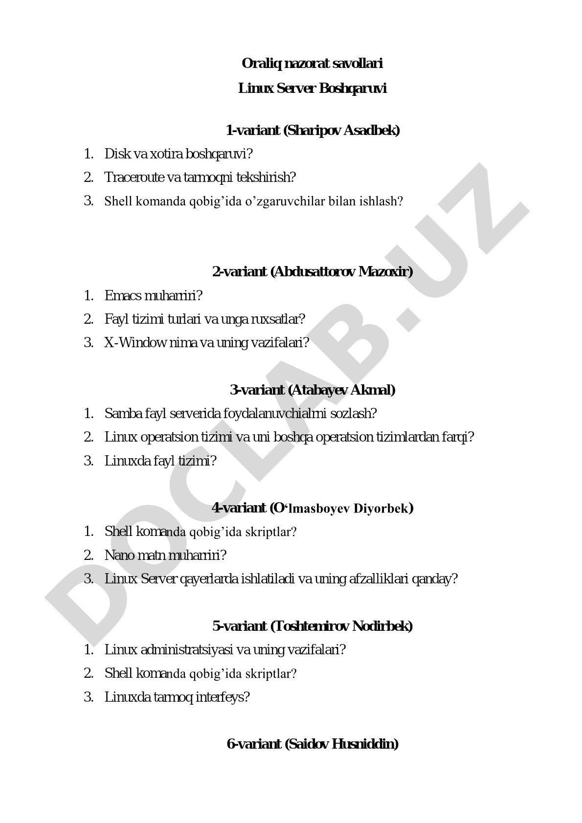 Oraliq nazorat savollari Linux Server Boshqaruvi