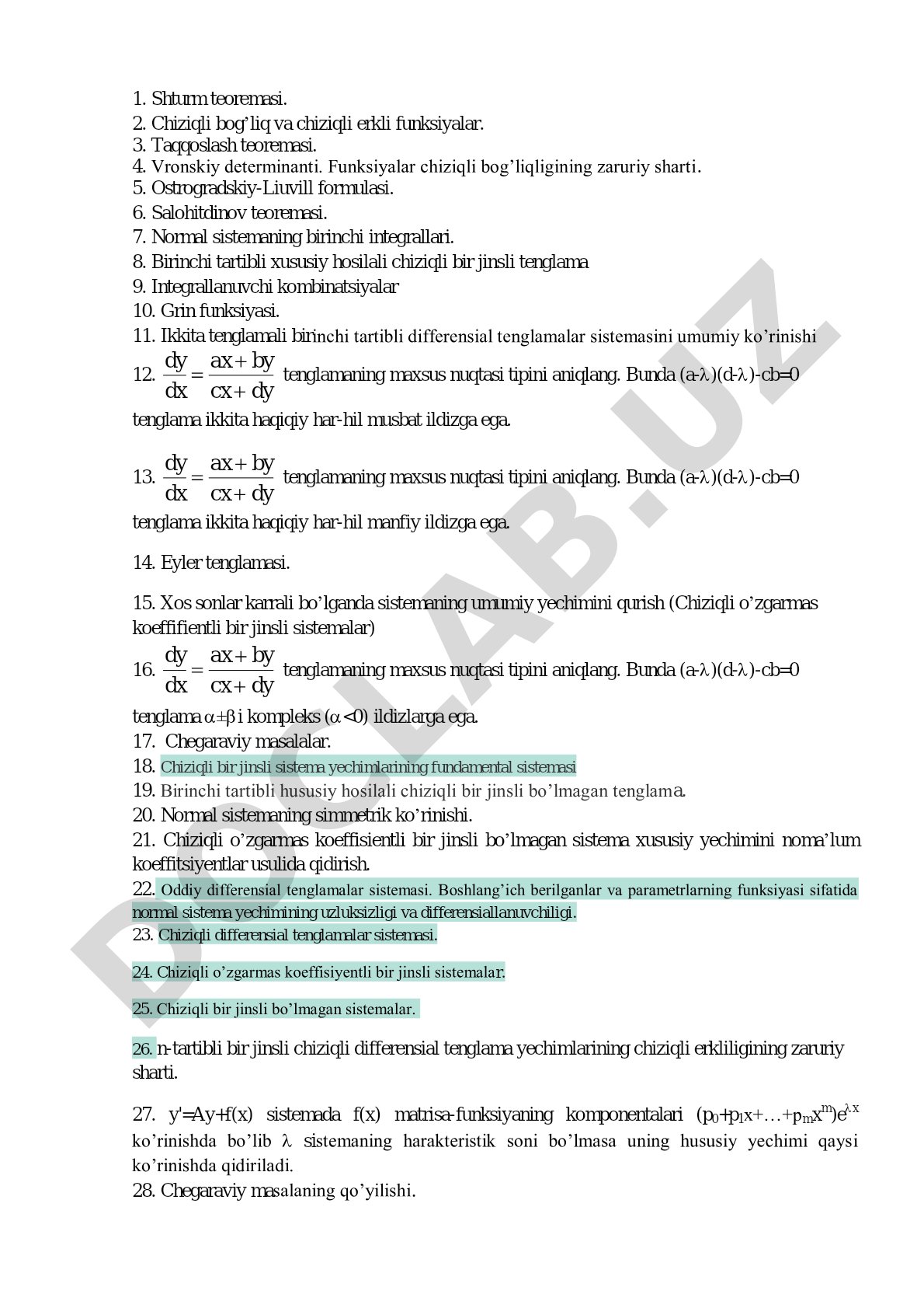 Differensial tenglamalar sistemasidagi asosiy teoremalar va usullar