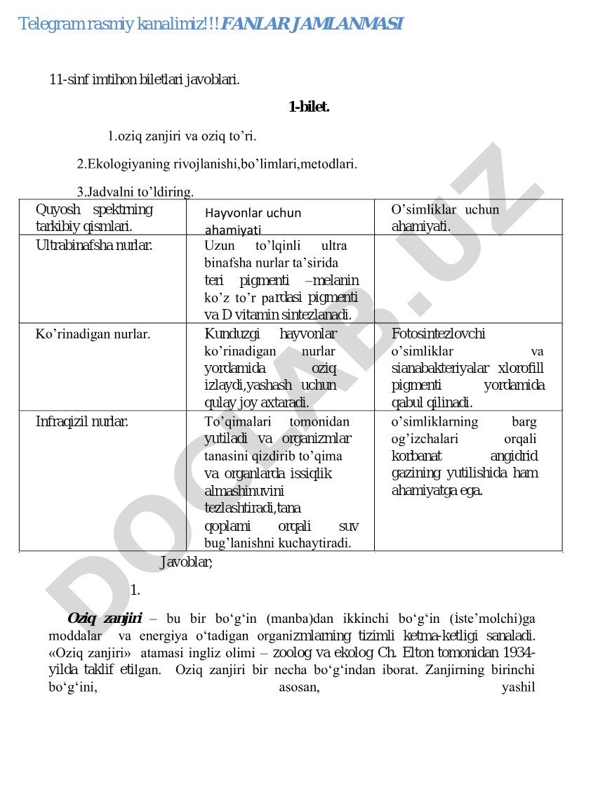 11-sinf ekologiya imtihon biletlari javoblari