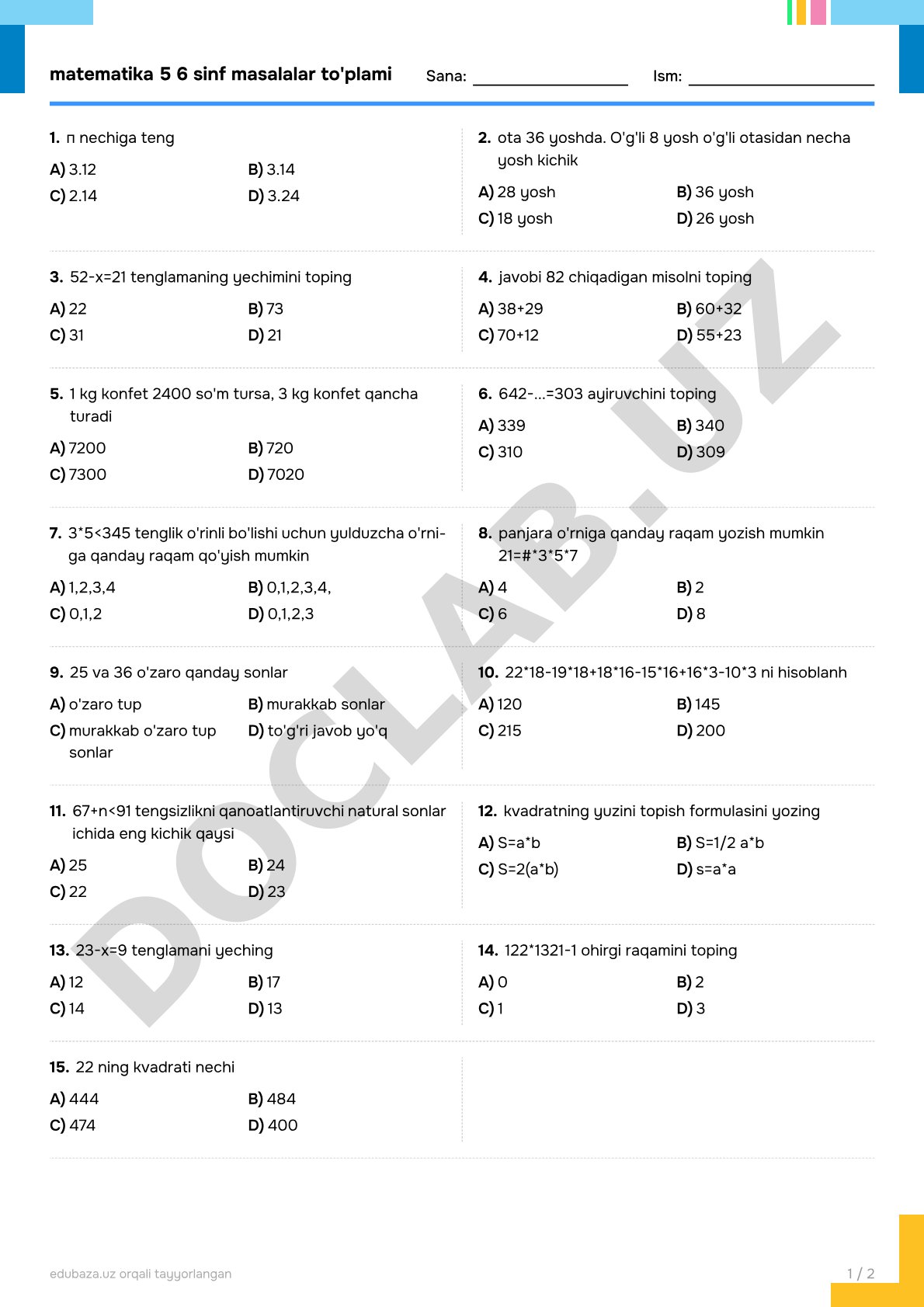 matematika 5 6 sinf masalalar to'plami